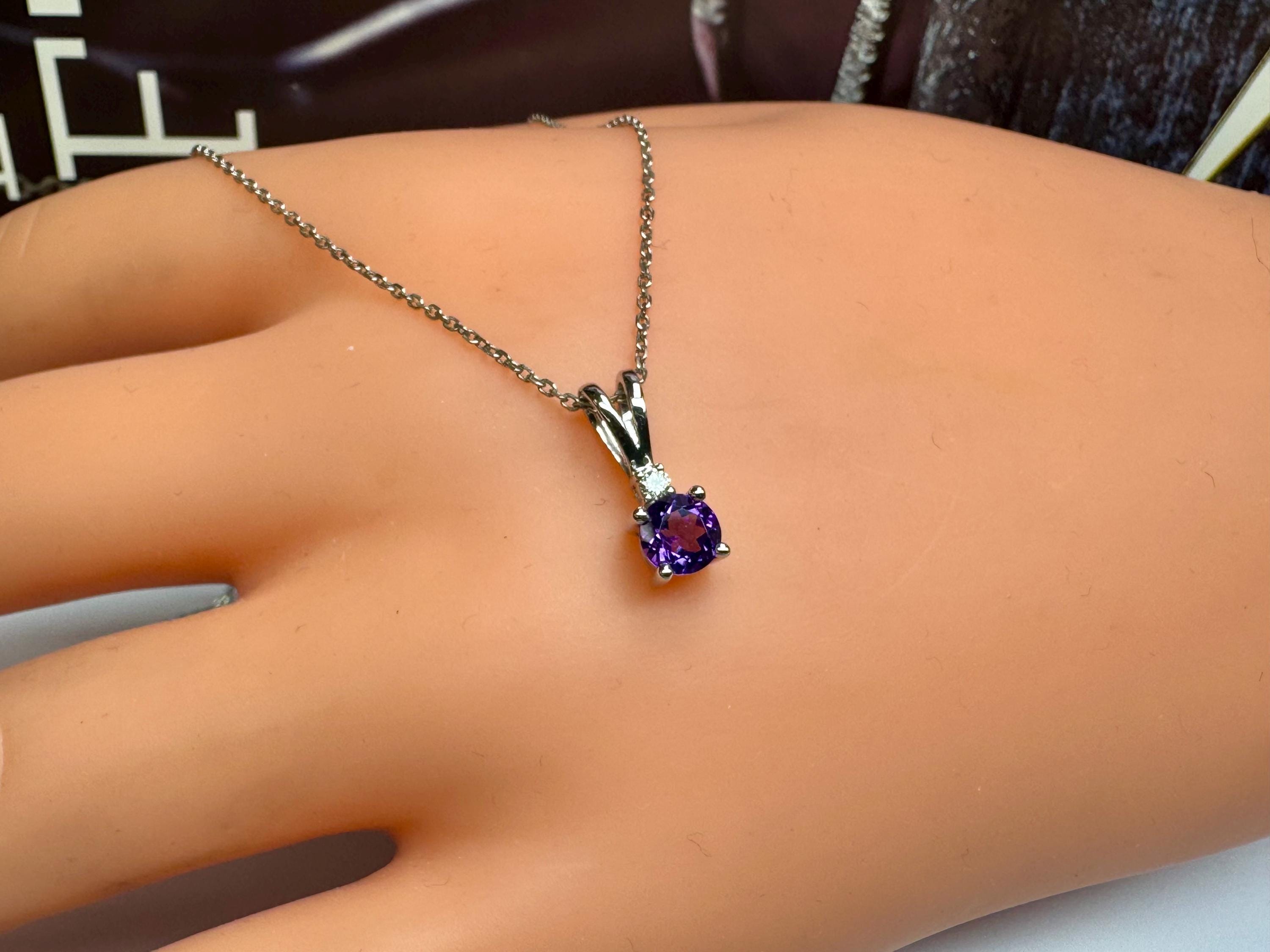 14K White Gold Amethyst Diamond Pendant Necklace