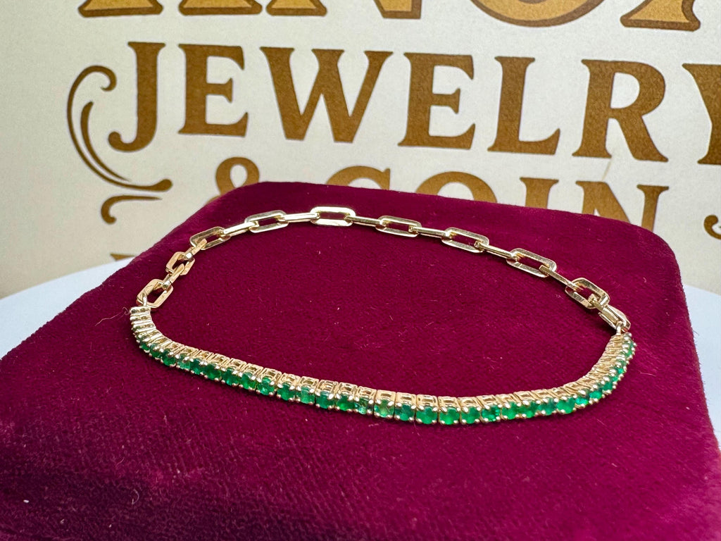 14K Yellow Gold Half Emerald And Half Paperclip Chain 7' Long  Tennis Bracelet!!
