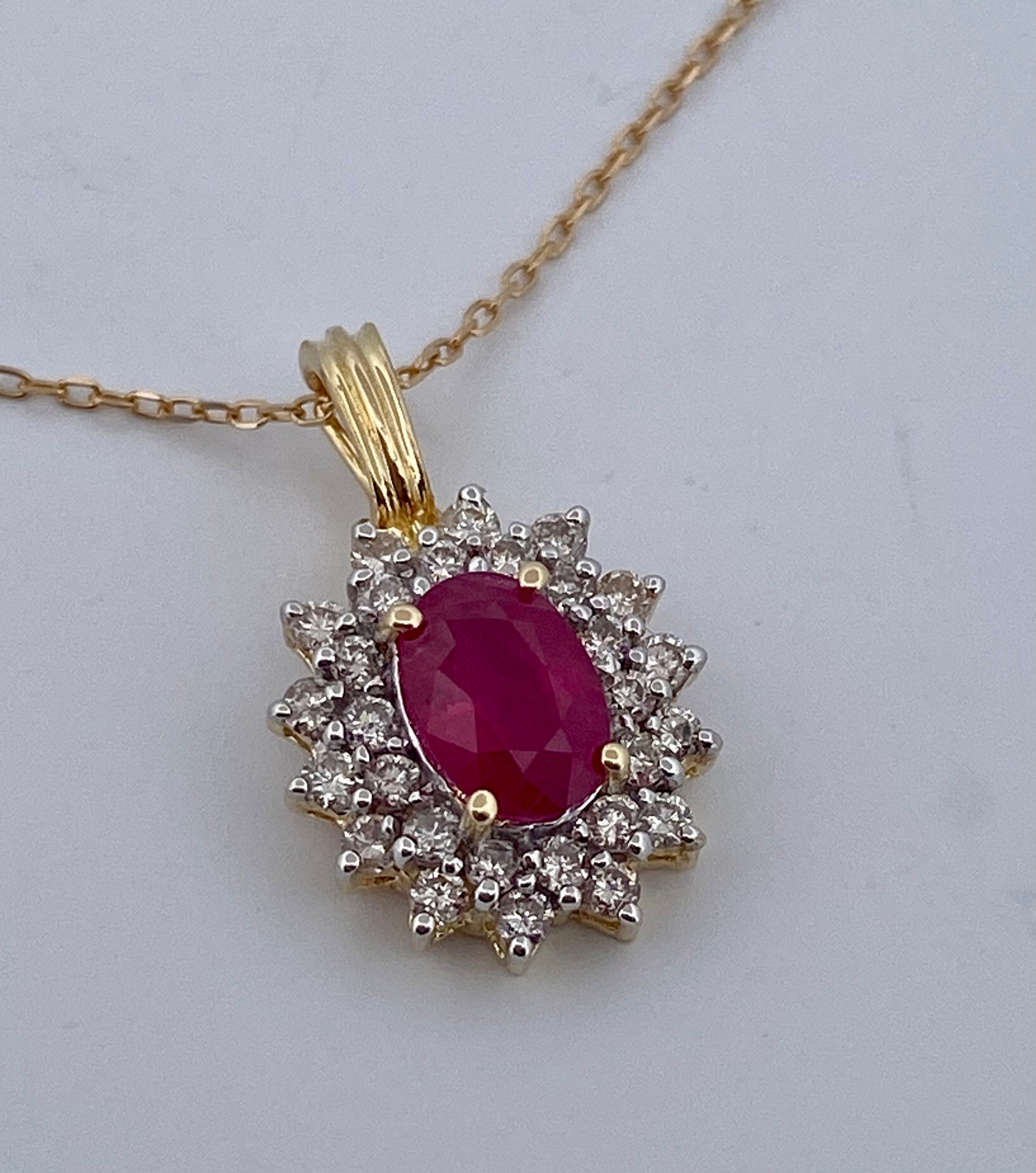 14K Yellow Gold Ruby and Diamond Halo Pendant