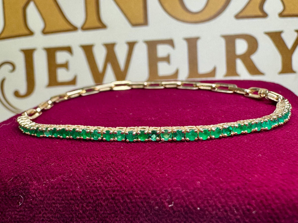 14K Yellow Gold Half Emerald And Half Paperclip Chain 7' Long  Tennis Bracelet!!