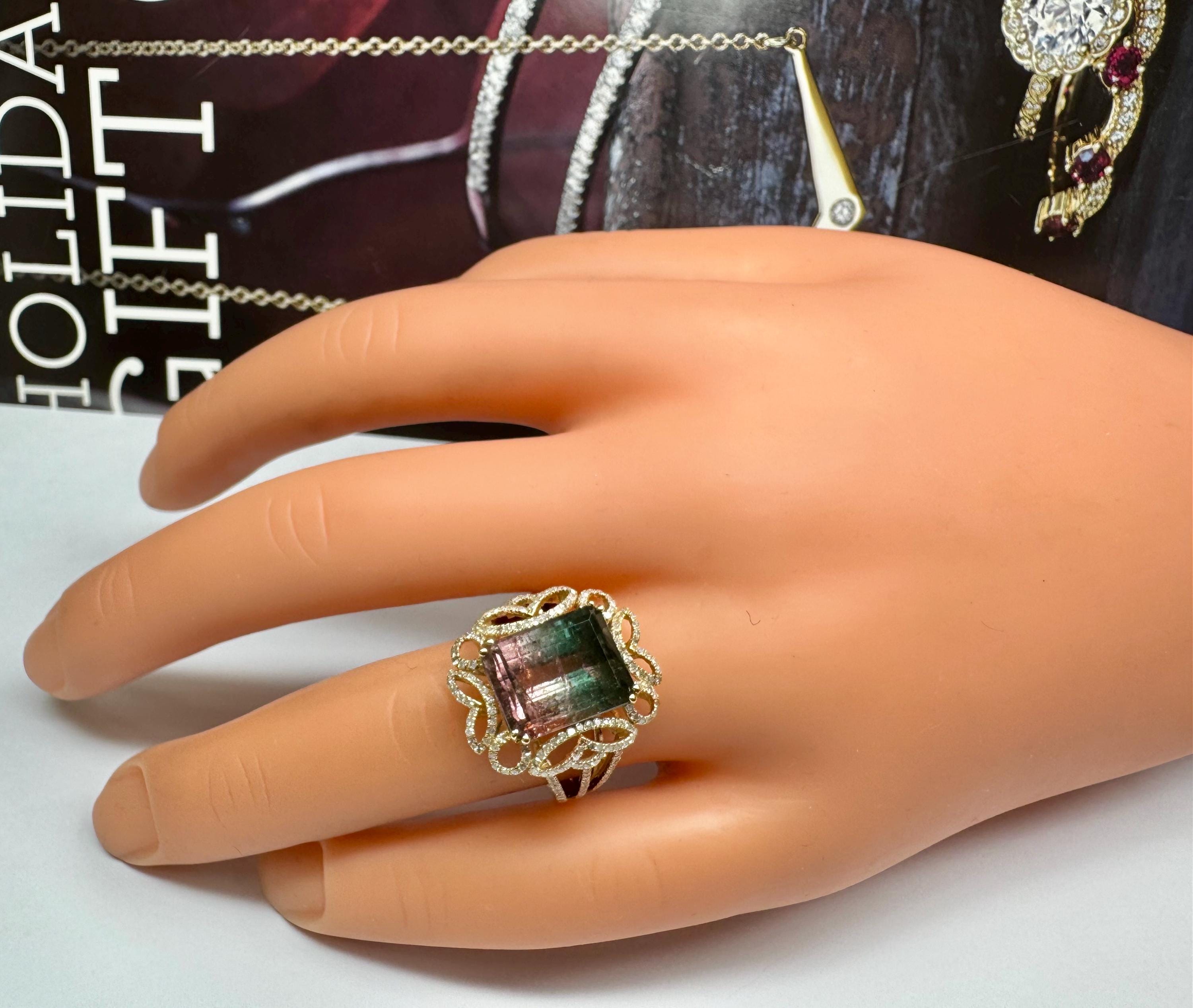 14K Yellow Gold Watermelon Tourmaline Diamond Ring, Size 7 3/4