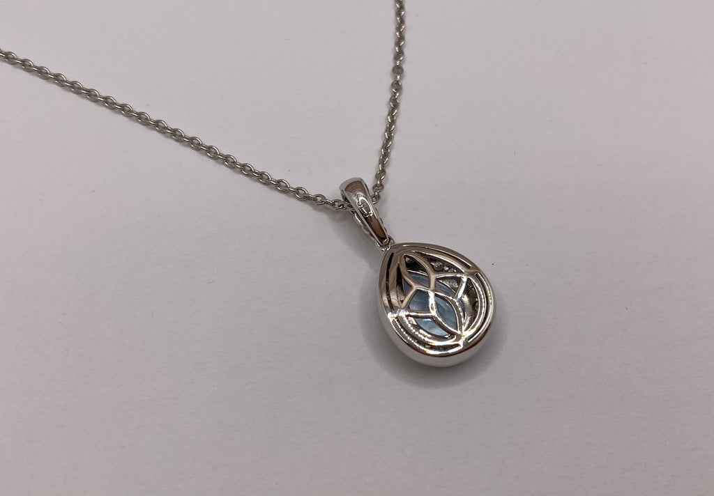 14K White Gold Necklace: Diamond & Pear Blue Topaz Pendant