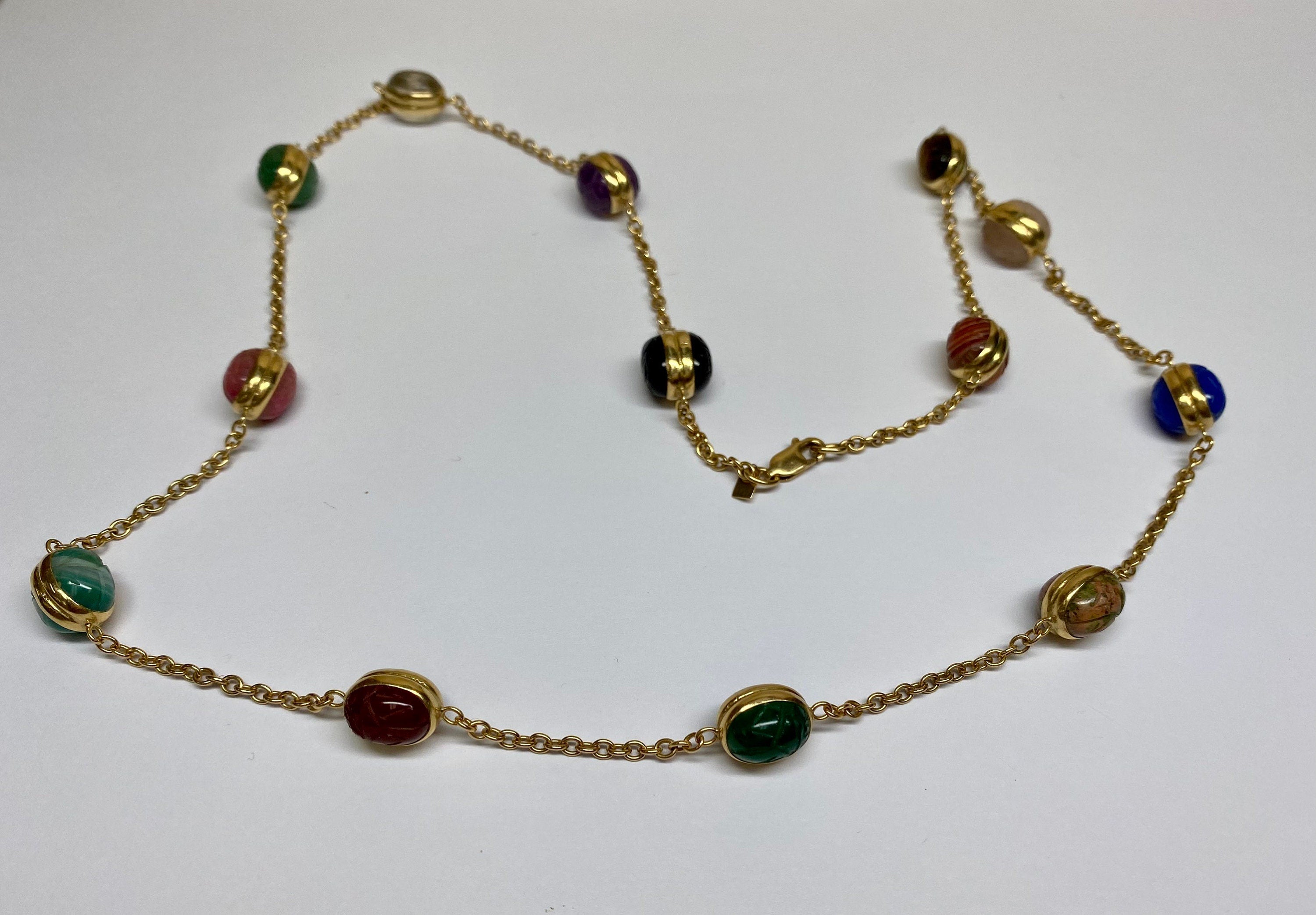 14K Yellow Gold Chain And Multi Color Stone Station  24" Necklace