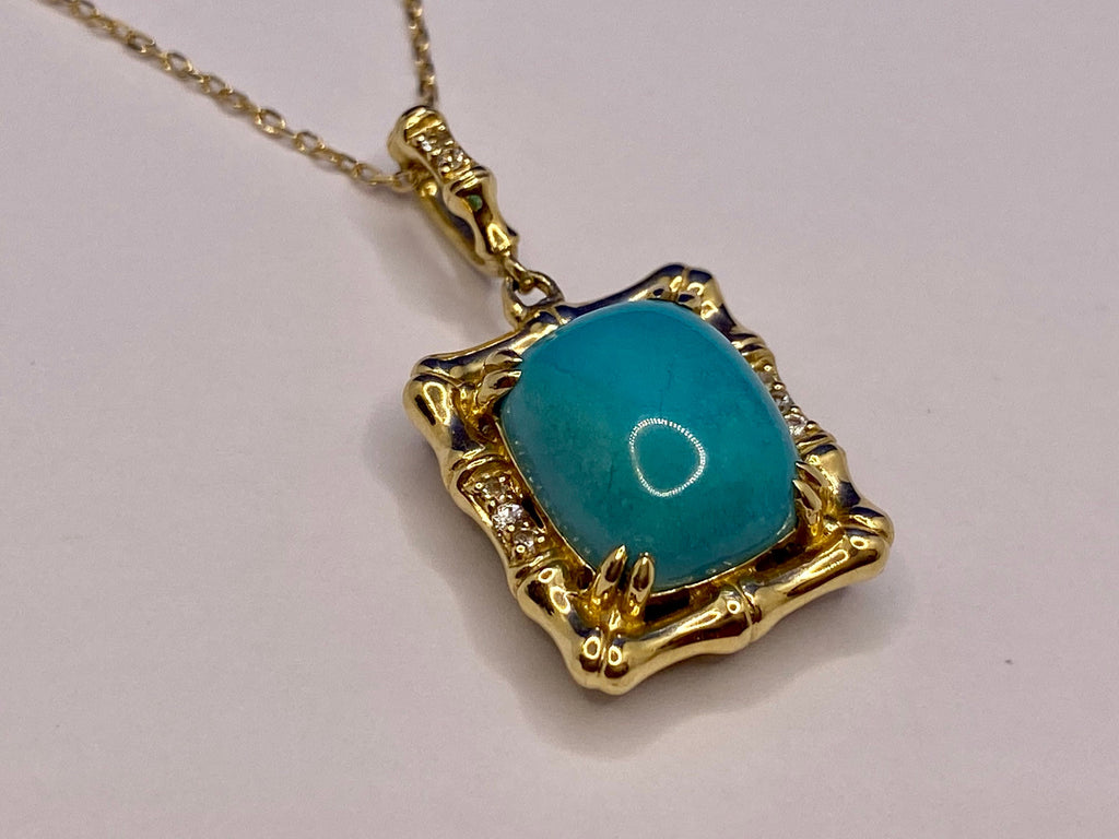 14K Yellow Gold Turquoise Pendant Necklace with Diamond Accents