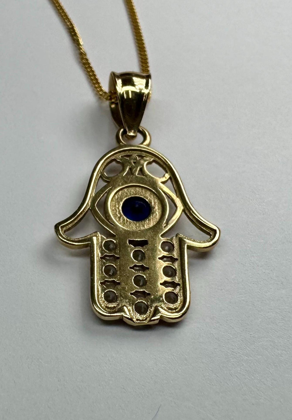 14K Yellow Gold Hamsa Hand Pendant with Blue & White CZ