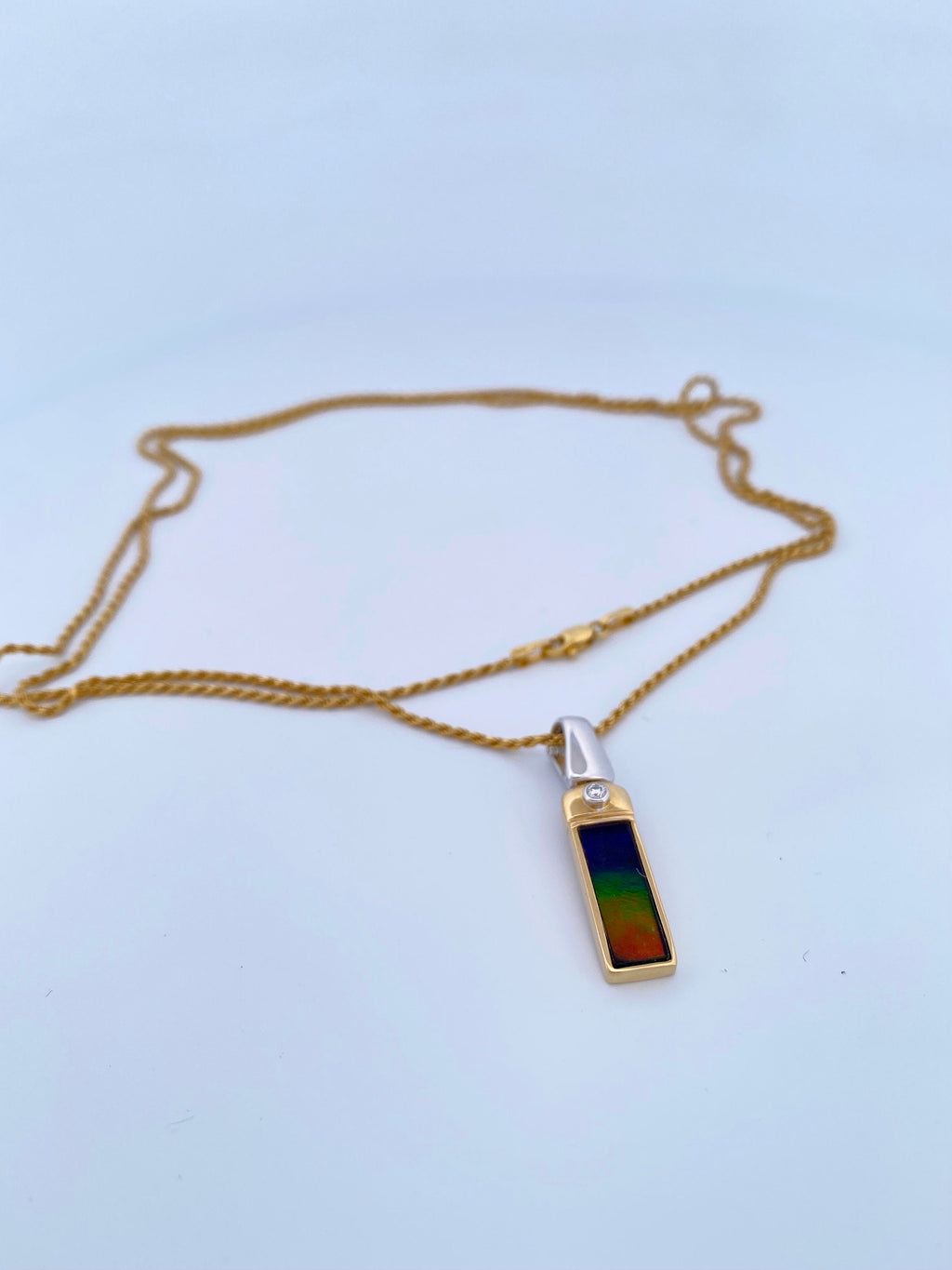 18K Gold Ammolite & Diamond Pendant Necklace - Two Tone, 30" Rope Chain