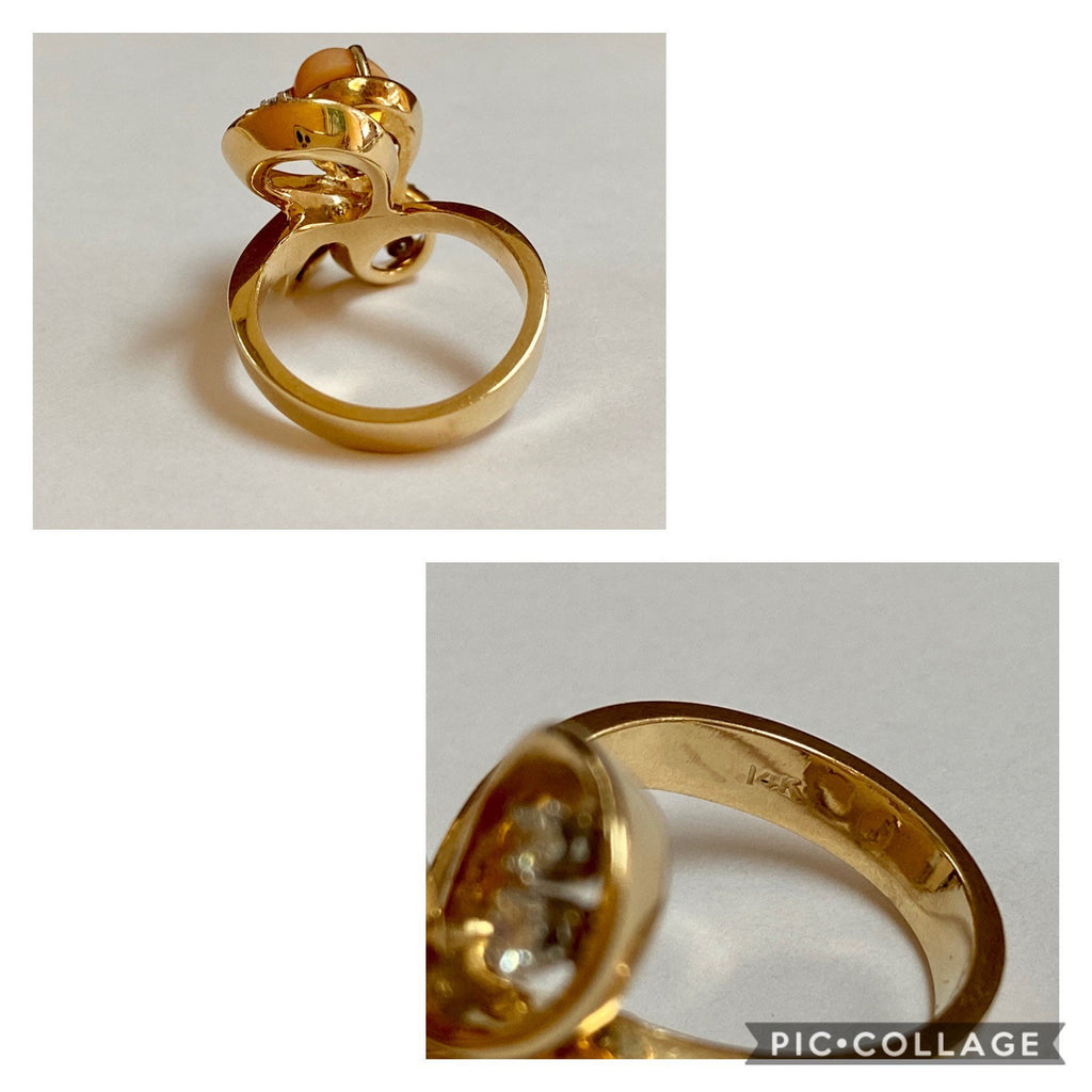 14K Yellow Gold Coral Diamond Necklace Ring Set - Italy 585