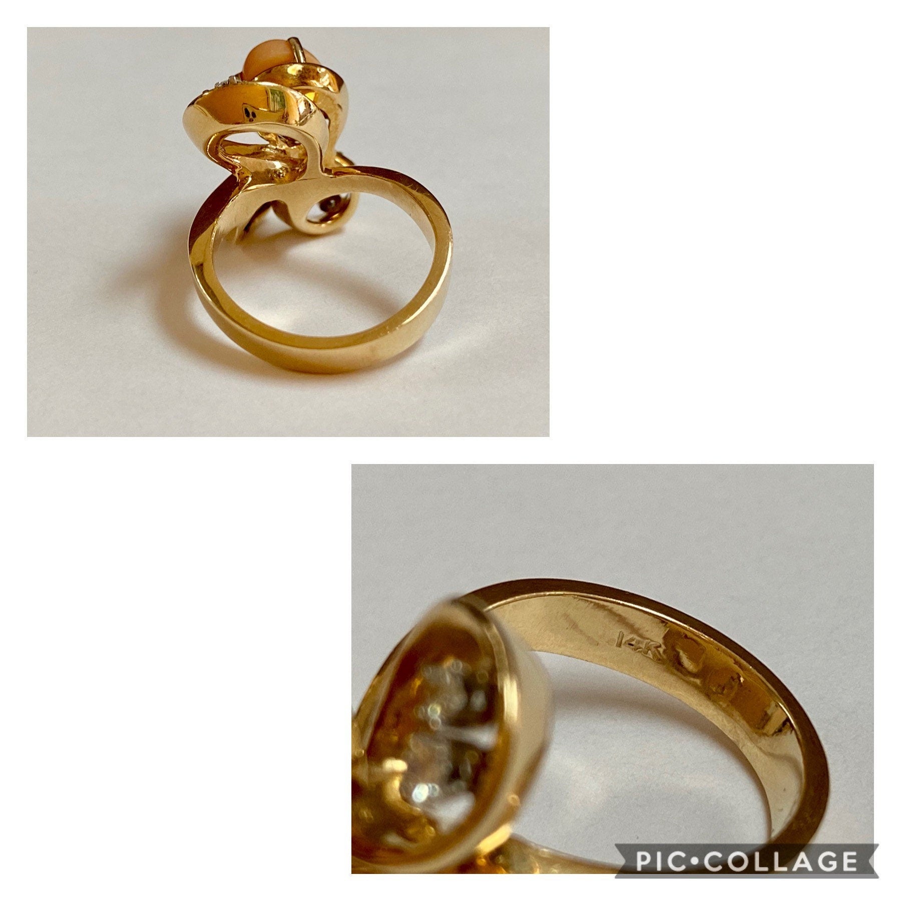 14K Yellow Gold Coral Diamond Necklace Ring Set - Italy 585