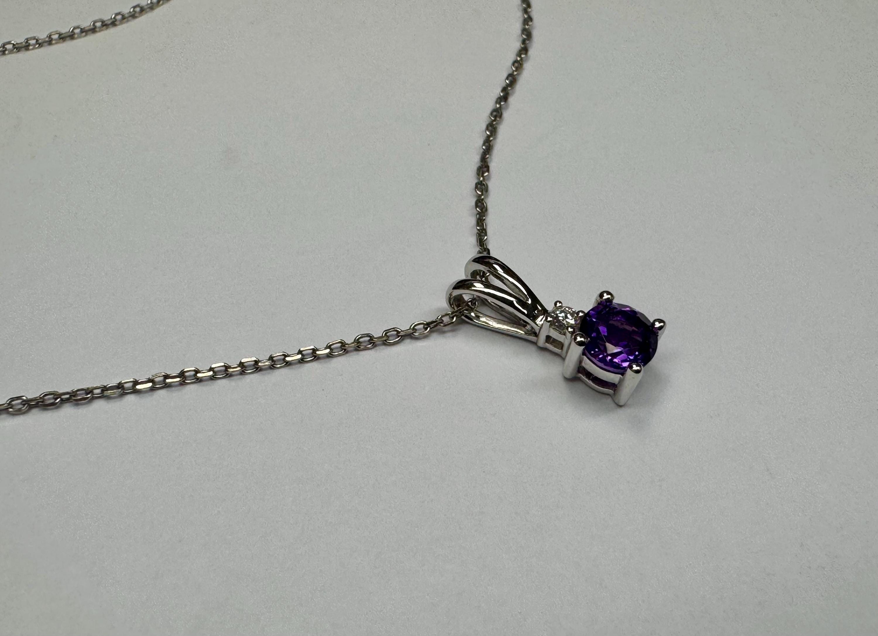 14K White Gold Amethyst Diamond Pendant Necklace