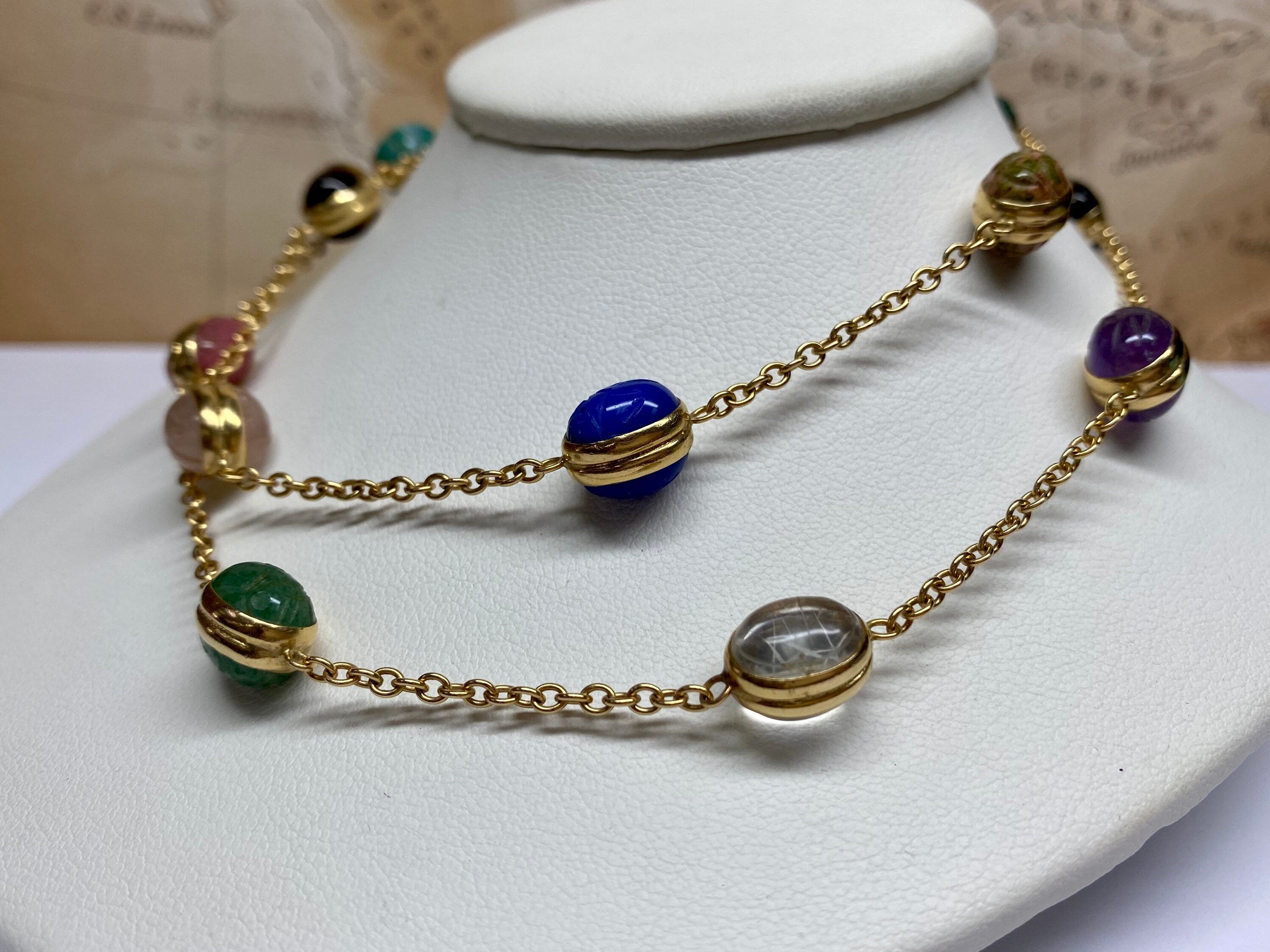 14K Yellow Gold Chain And Multi Color Stone Station  24" Necklace