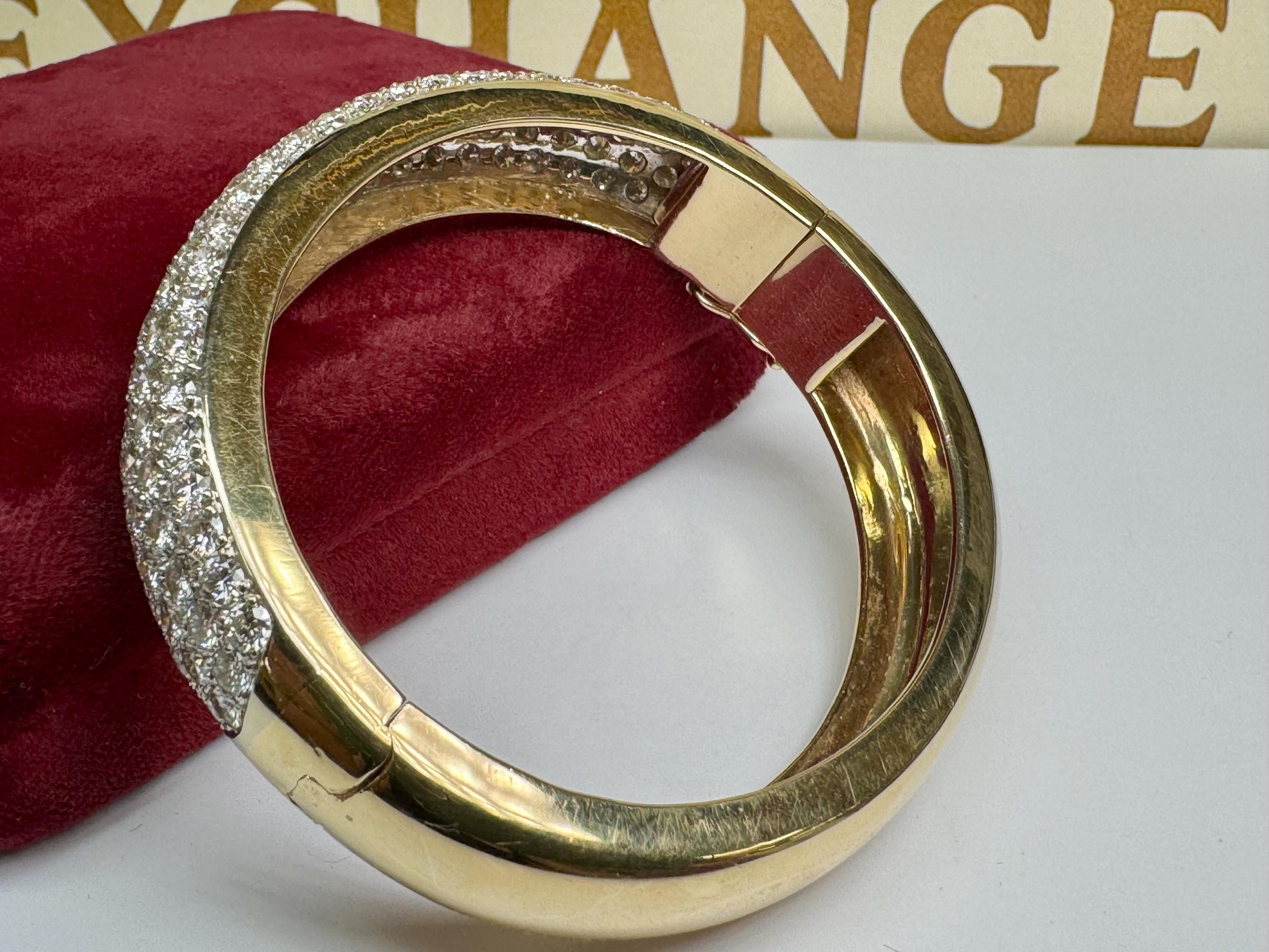 14K Yellow Gold 11.25CTW Diamond Bangle Bracelet: 5-Row Prong Set, F-G Color, VS Clarity