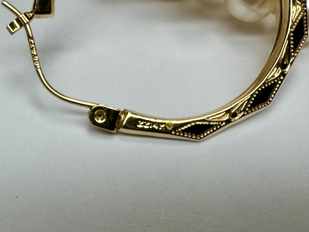 14K Yellow Gold Diamond Etched Hoop Earrings, 1" Hinged Set