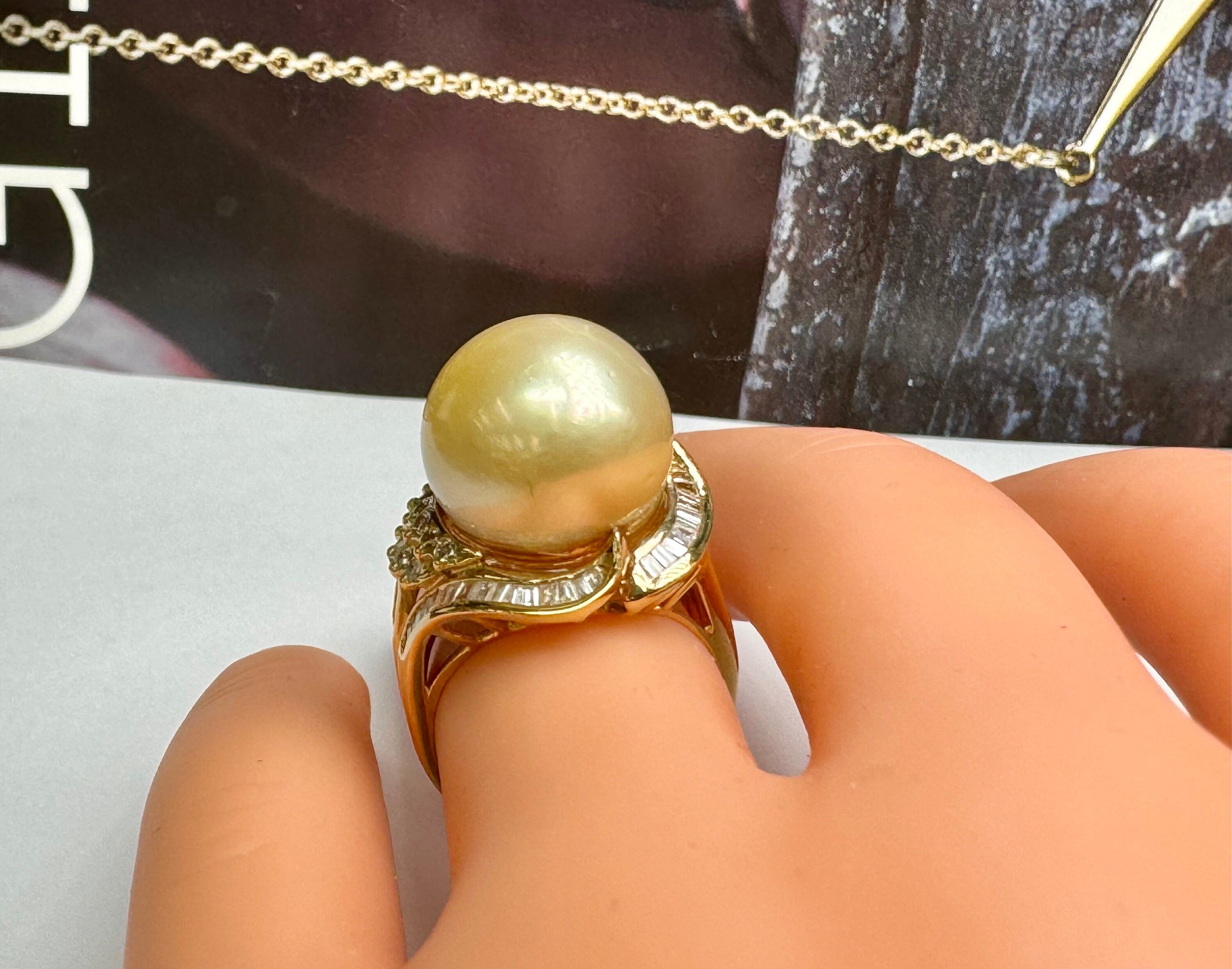 14K Yellow Gold Pearl Diamond Ring: Women's Cocktail Statement Ring
