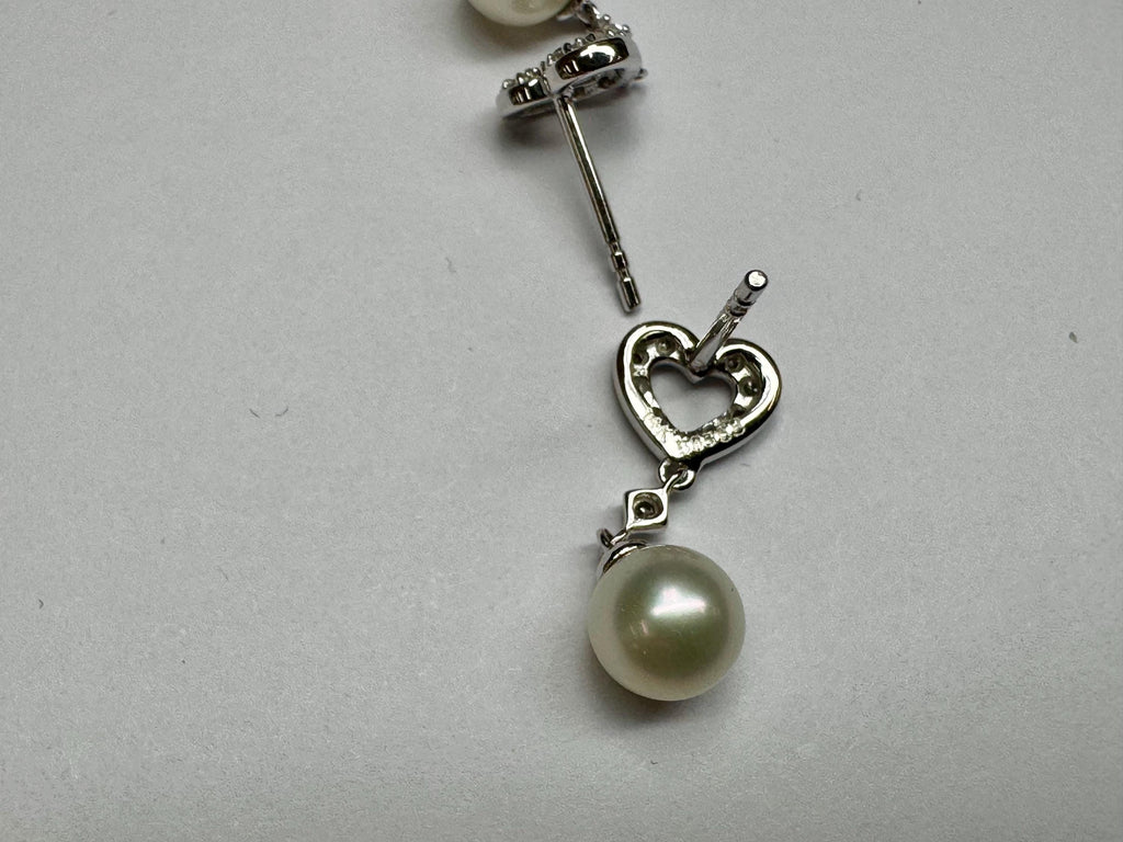 14K White Gold Heart Diamond & Pearl Drop Earrings