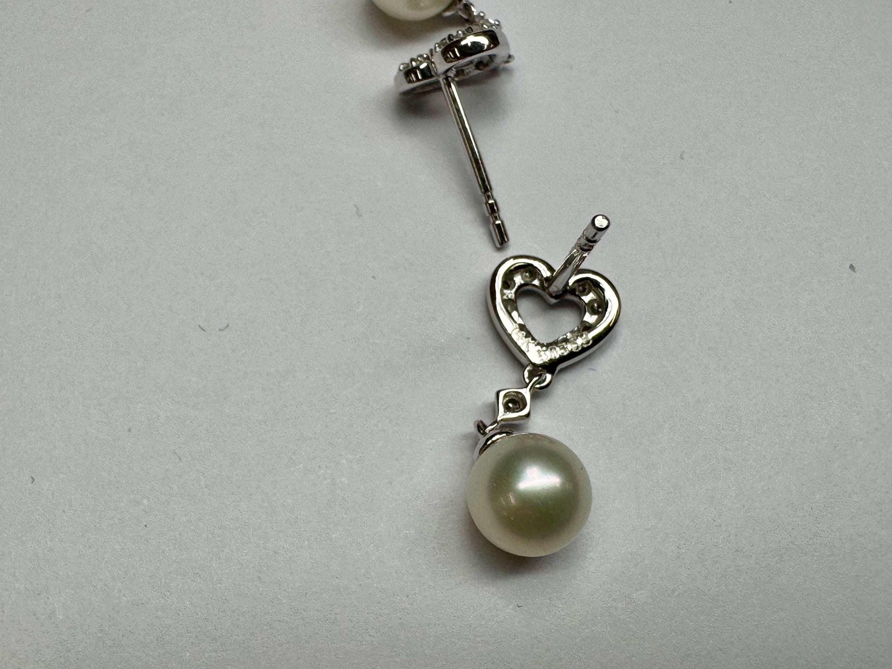 14K White Gold Heart Diamond & Pearl Drop Earrings