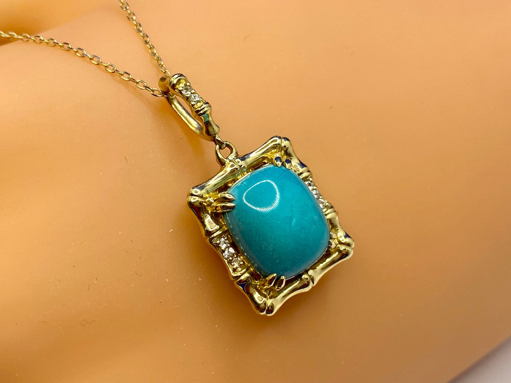 14K Yellow Gold Turquoise Pendant Necklace with Diamond Accents