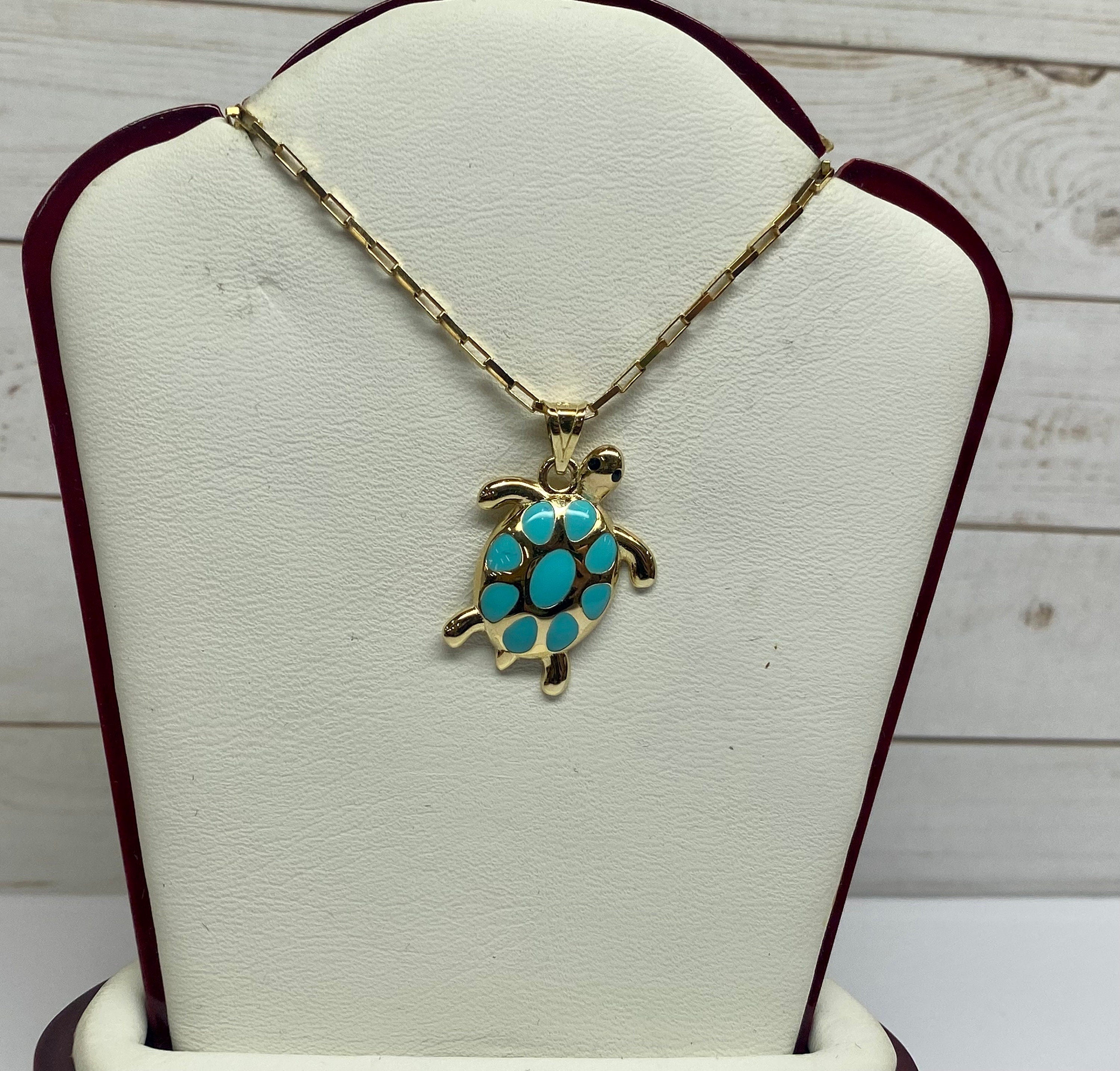 14K 585 Yellow Gold & Turquoise Color Enamel  Turtle Pendant Charm  !!!