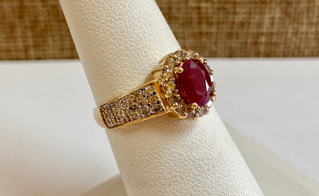 14K Yellow Gold Ruby and Diamond Ring, Size 7