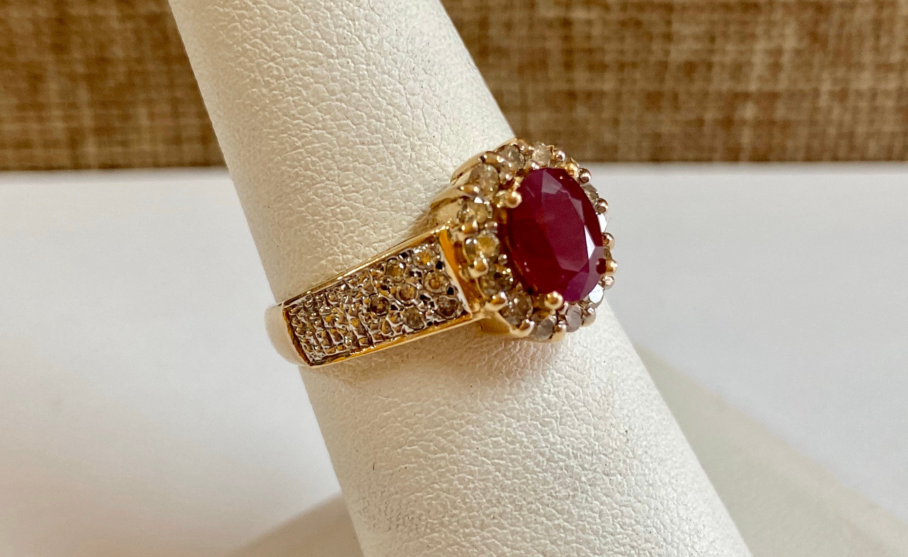 14K Yellow Gold Ruby and Diamond Ring, Size 7