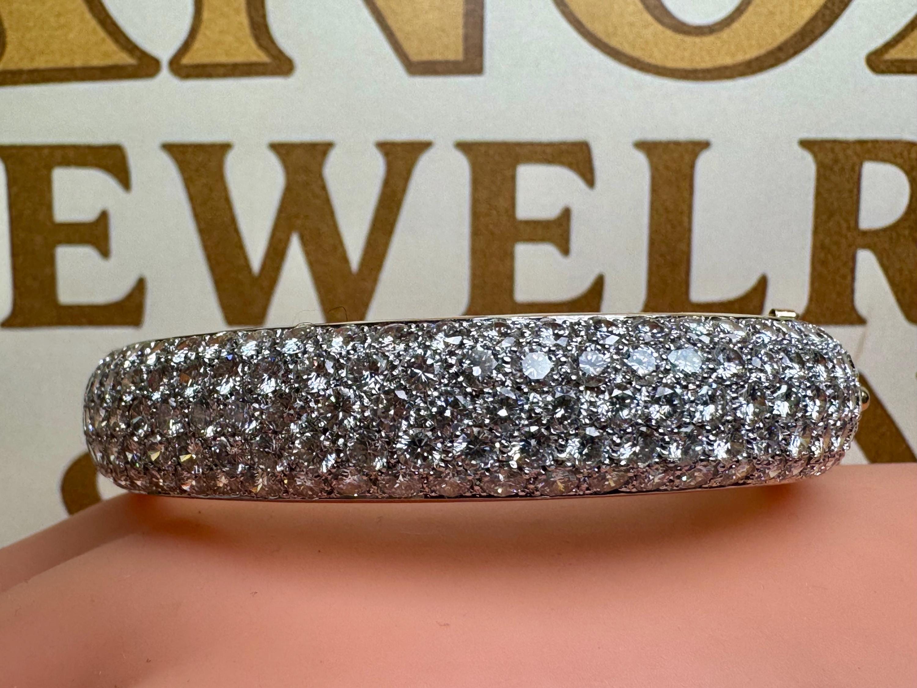 14K Yellow Gold 11.25CTW Diamond Bangle Bracelet: 5-Row Prong Set, F-G Color, VS Clarity
