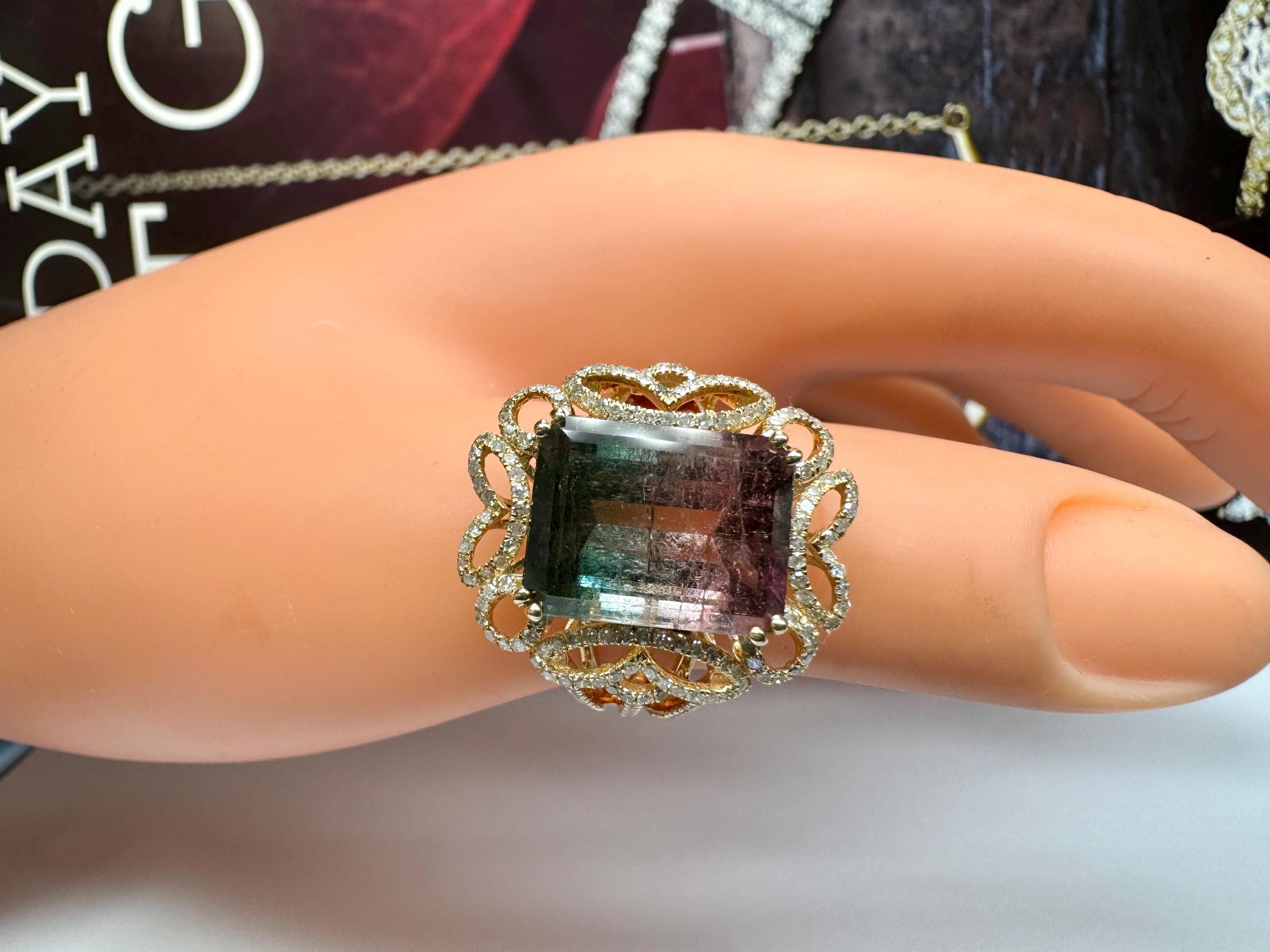 14K Yellow Gold Watermelon Tourmaline Diamond Ring, Size 7 3/4