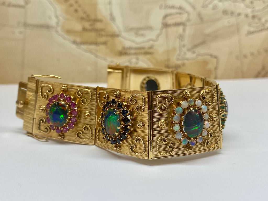 18K Gold Opal Ruby Emerald Sapphire Panel Bracelet - 1970s Estate Jewelry