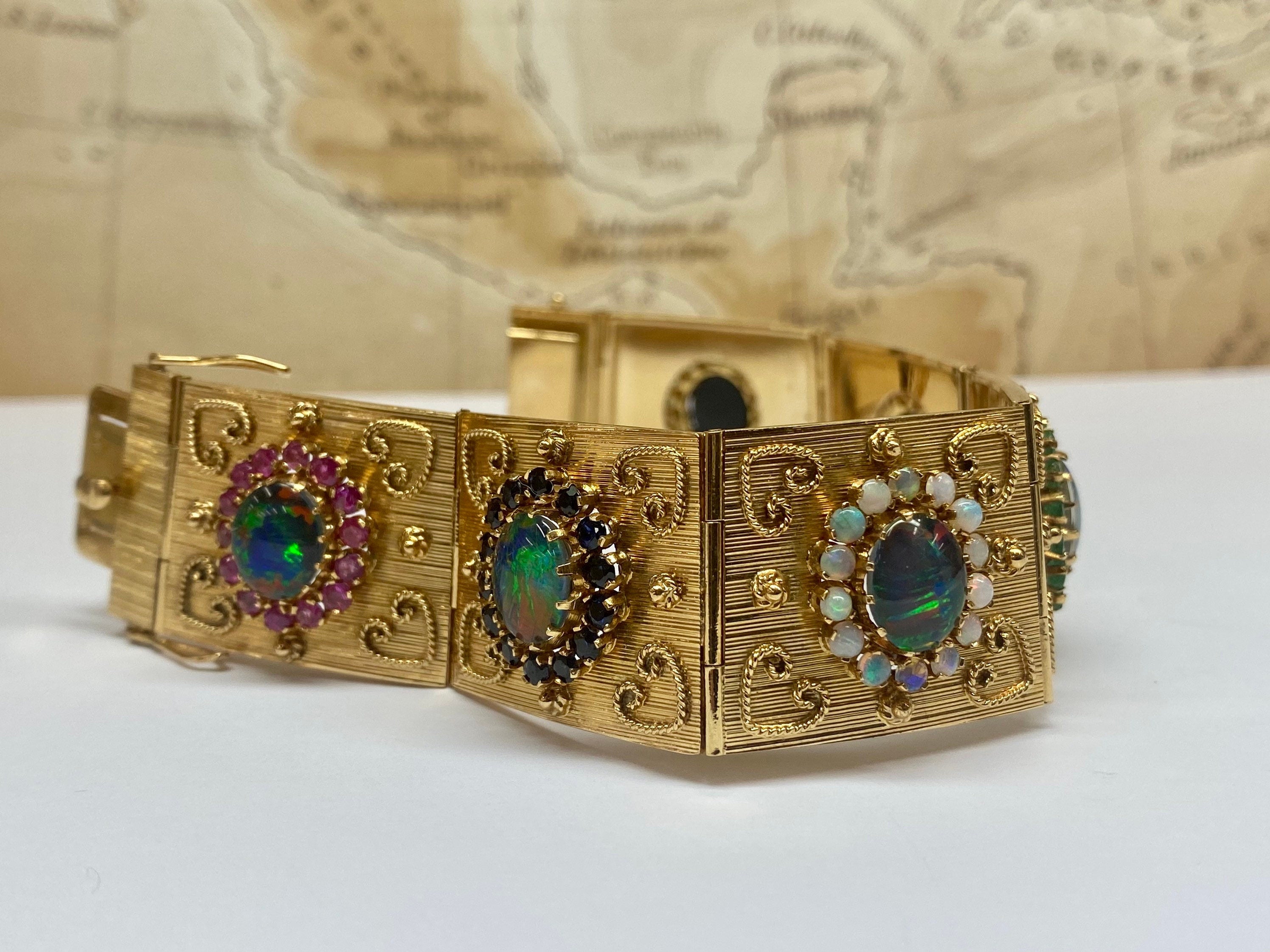 18K Gold Opal Ruby Emerald Sapphire Panel Bracelet - 1970s Estate Jewelry