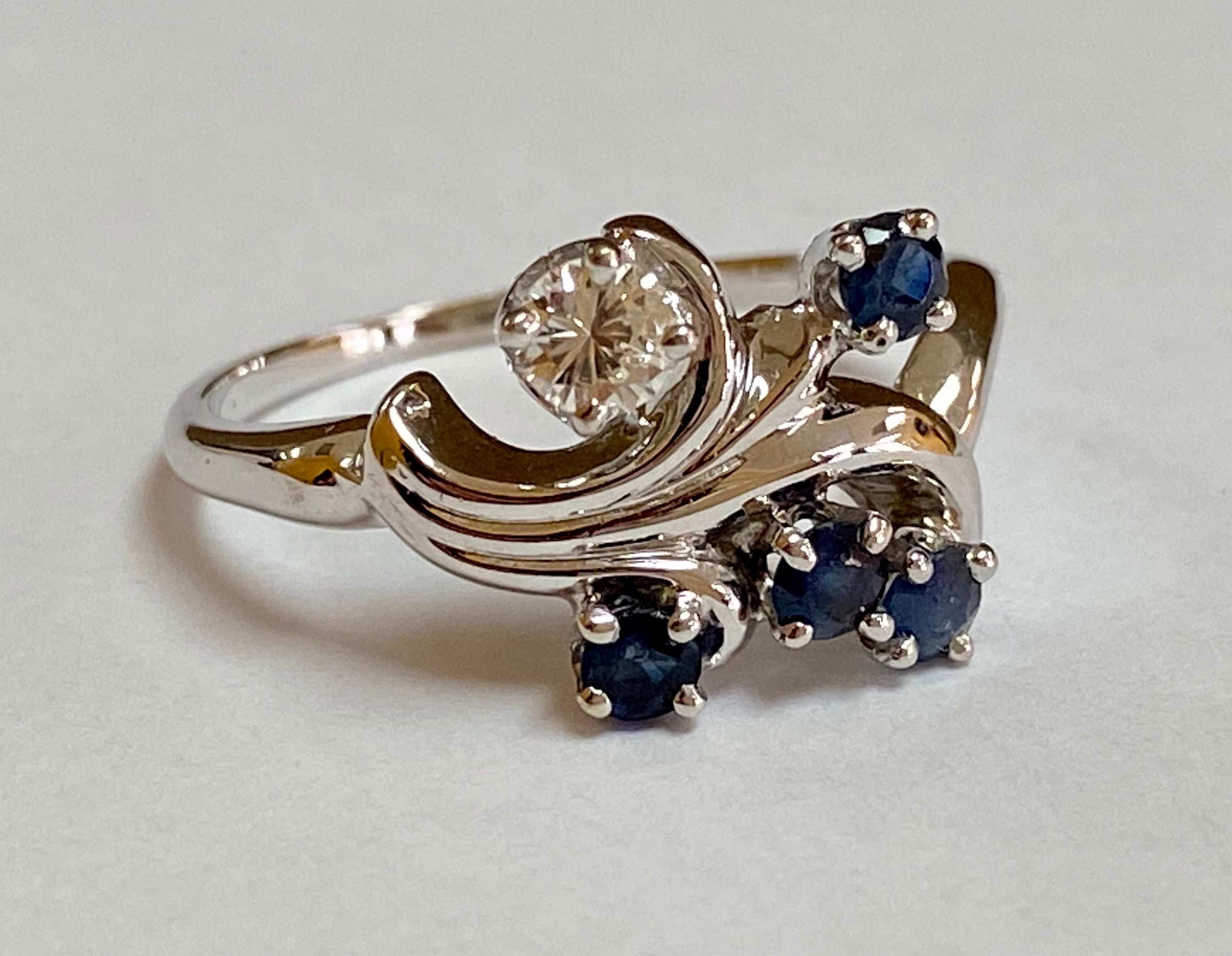 14k Solid White Gold Diamond And Blue Sapphire Statement Ring!!!!!