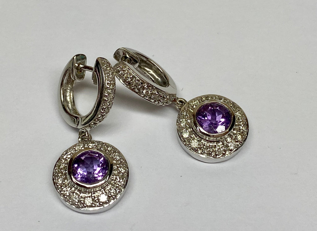 18K White Gold Diamond Amethyst Drop Earrings