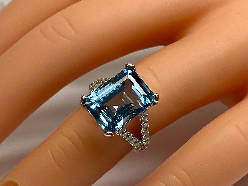 18K White Gold Aquamarine Ring: Emerald Cut Diamond Statement Ring, Size 5 1/2