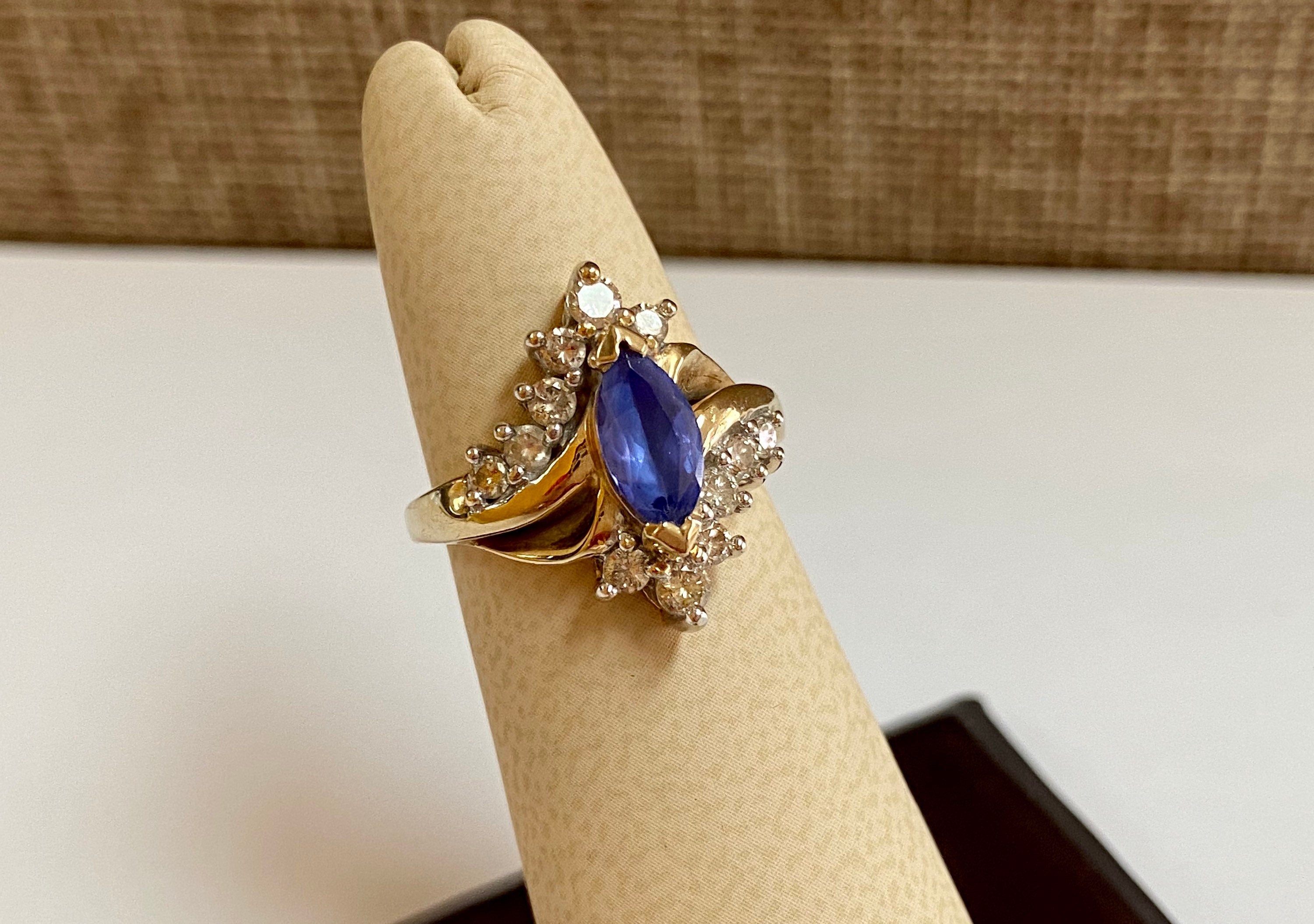 14K Yellow Gold Marquise Sapphire Diamond Ring - Size 4 3/4
