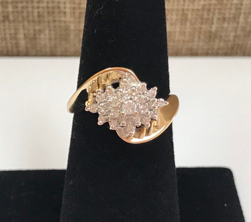 14K Yellow Solid Gold Diamond Cluster Women's Ring!!!