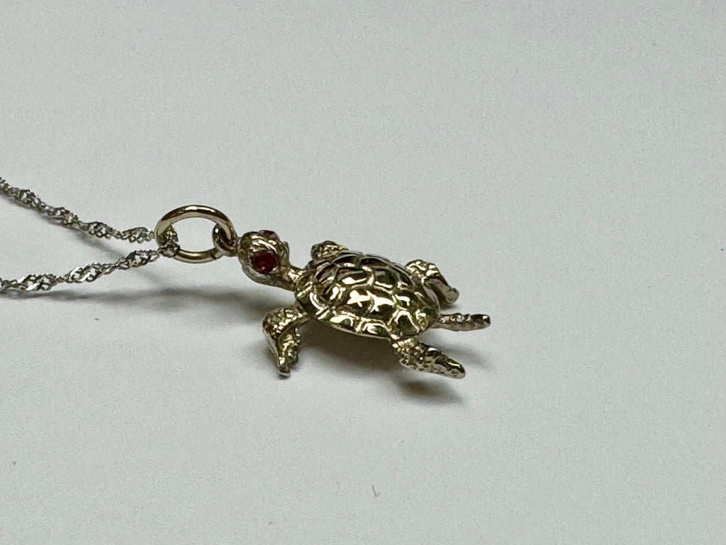 14k White Gold Sea Turtle Pendant with Ruby Eyes