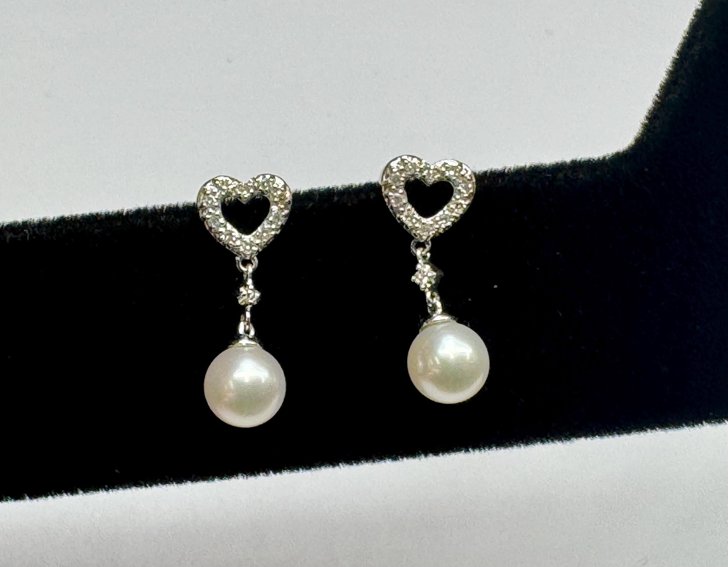 14K White Gold Heart Diamond & Pearl Drop Earrings
