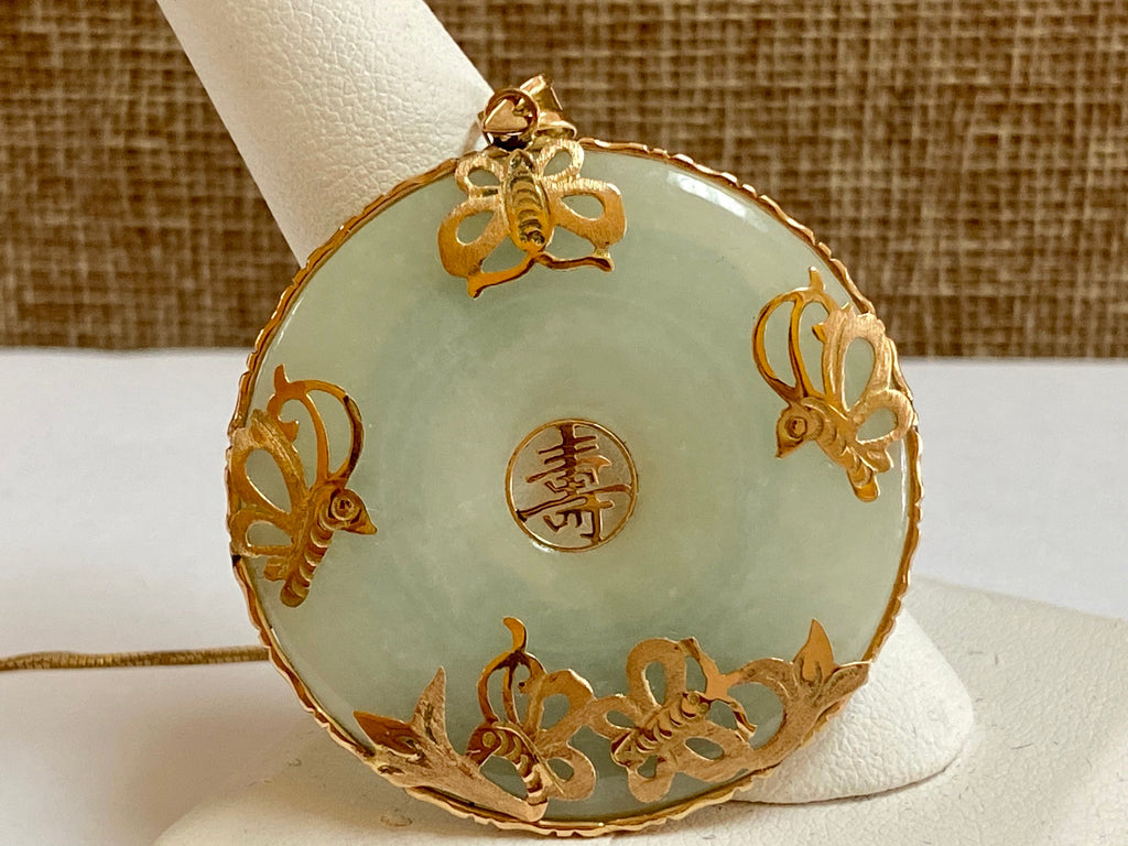14K Yellow Solid Gold Butterfly Good Luck Green Jadeite Pendant!!!