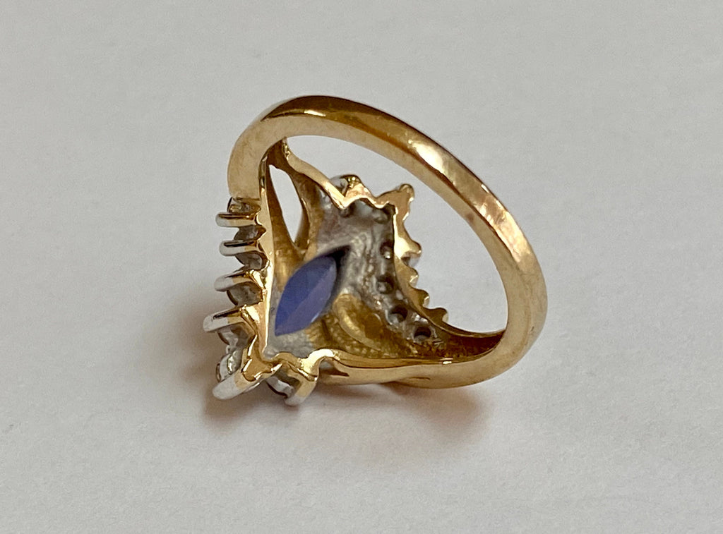 14K Yellow Gold Marquise Sapphire Diamond Ring - Size 4 3/4