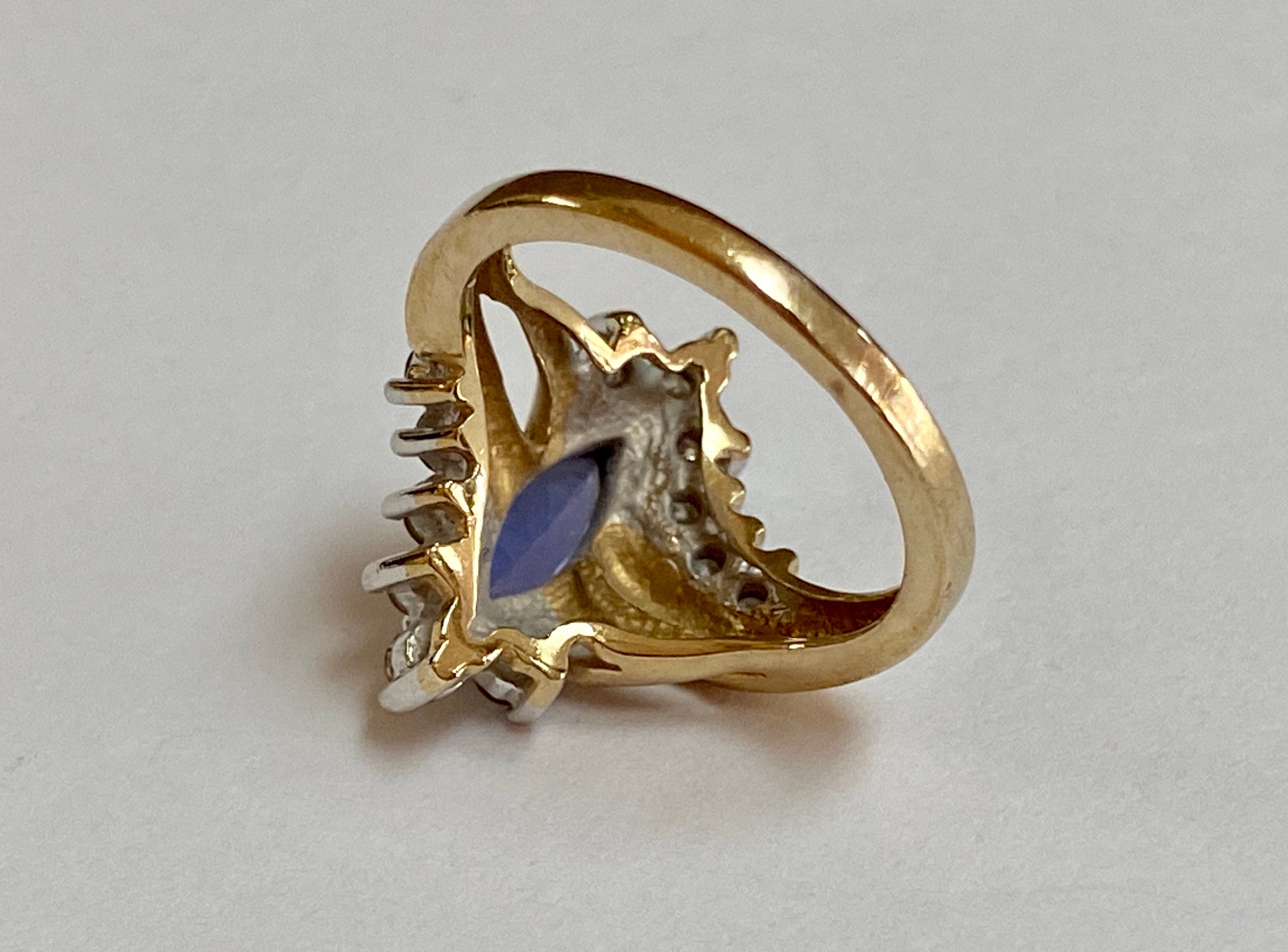 14K Yellow Gold Marquise Sapphire Diamond Ring - Size 4 3/4