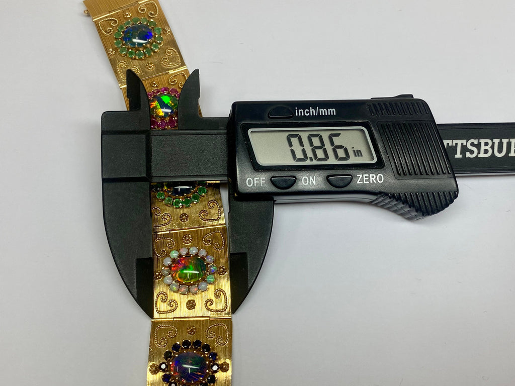 18K Gold Opal Ruby Emerald Sapphire Panel Bracelet - 1970s Estate Jewelry