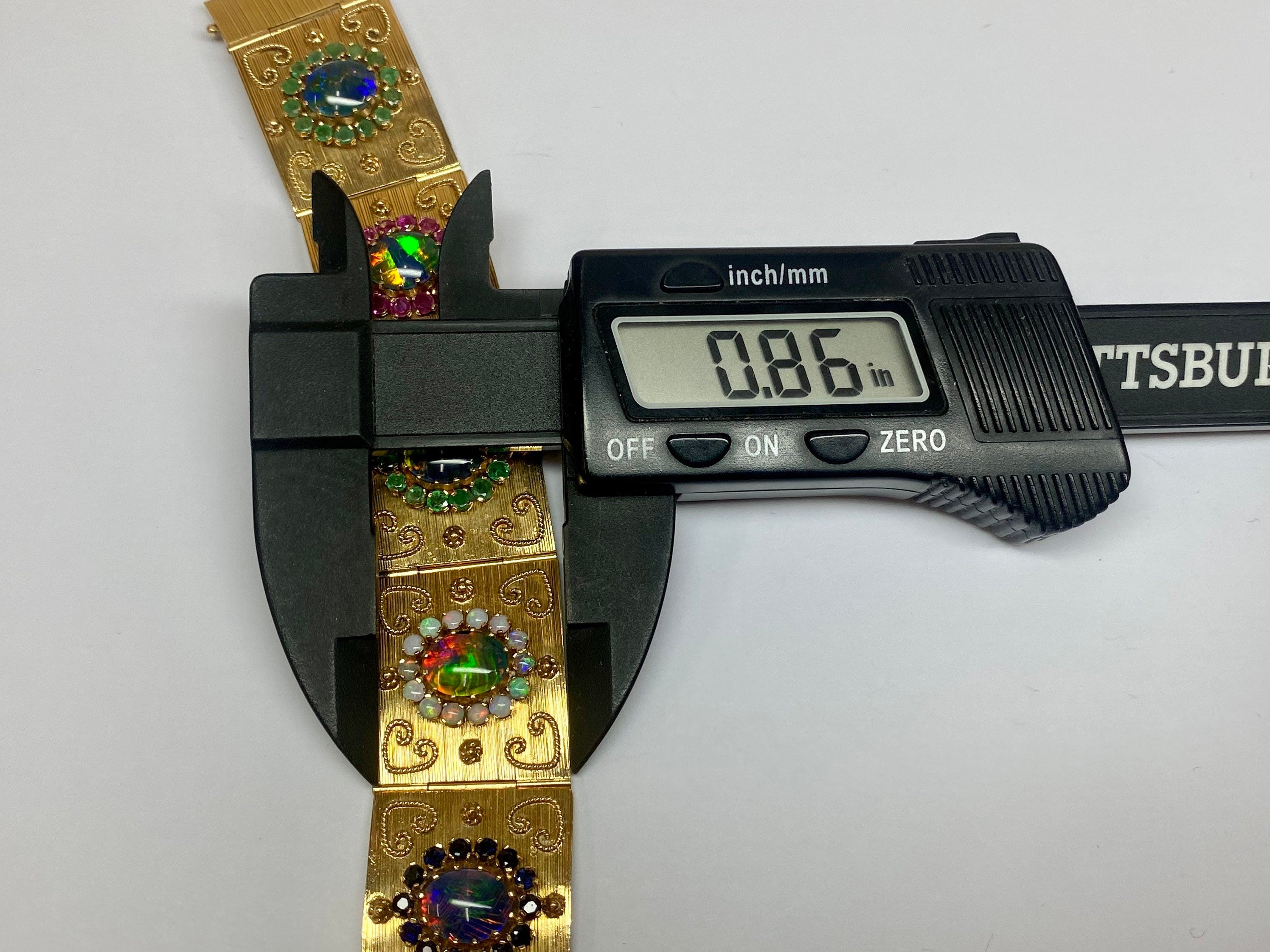 18K Gold Opal Ruby Emerald Sapphire Panel Bracelet - 1970s Estate Jewelry