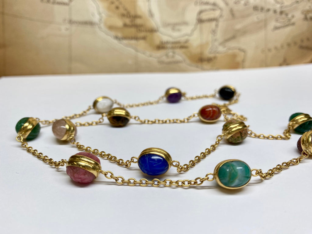 14K Yellow Gold Chain And Multi Color Stone Station  24" Necklace
