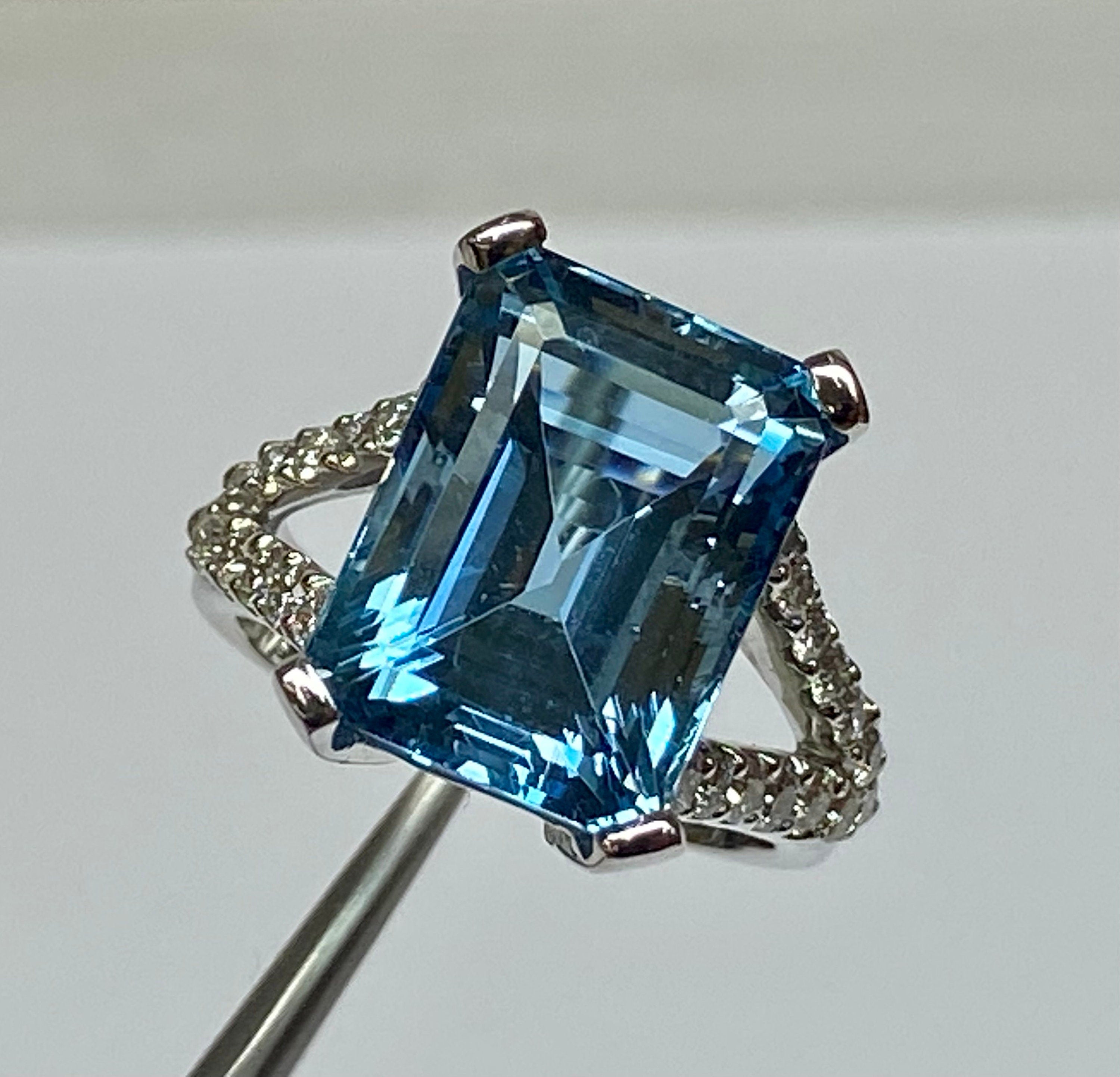 18K White Gold Aquamarine Ring: Emerald Cut Diamond Statement Ring, Size 5 1/2