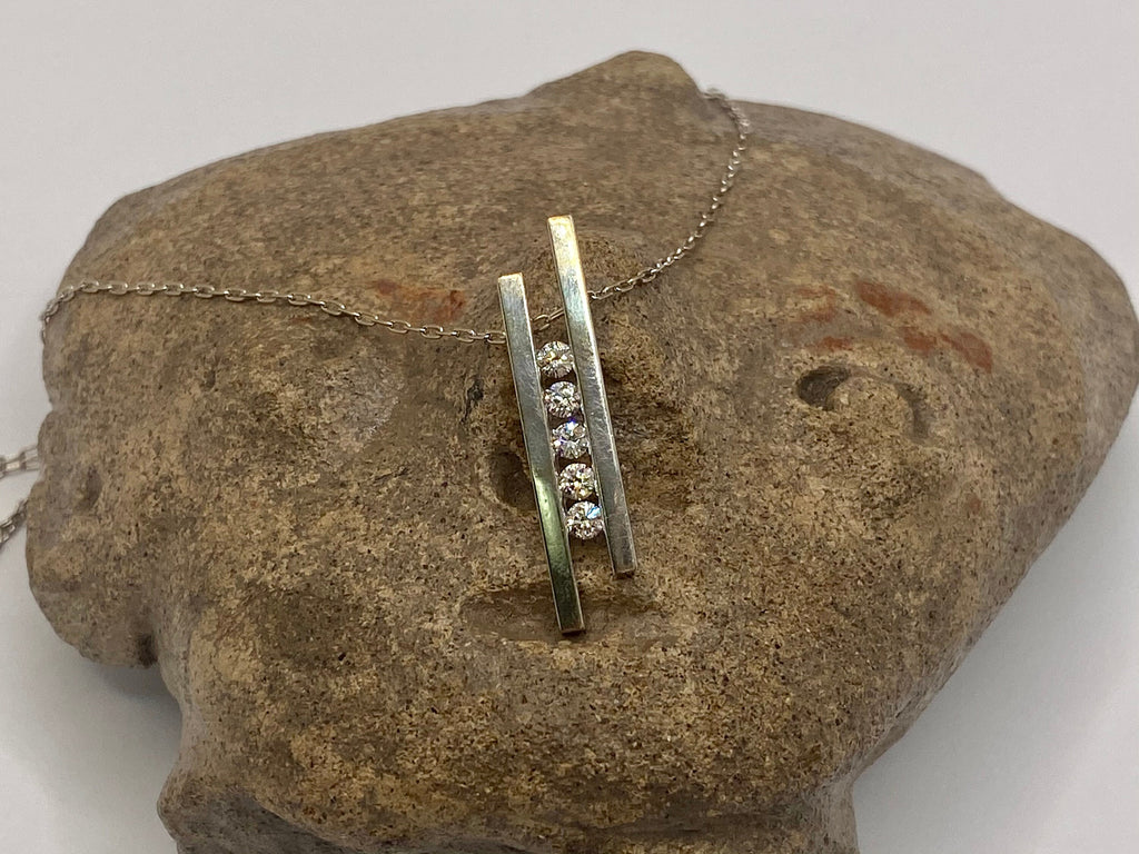 14K White Gold Diamond Vertical Bar Pendant Necklace