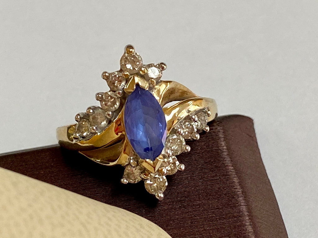 14K Yellow Gold Marquise Sapphire Diamond Ring - Size 4 3/4