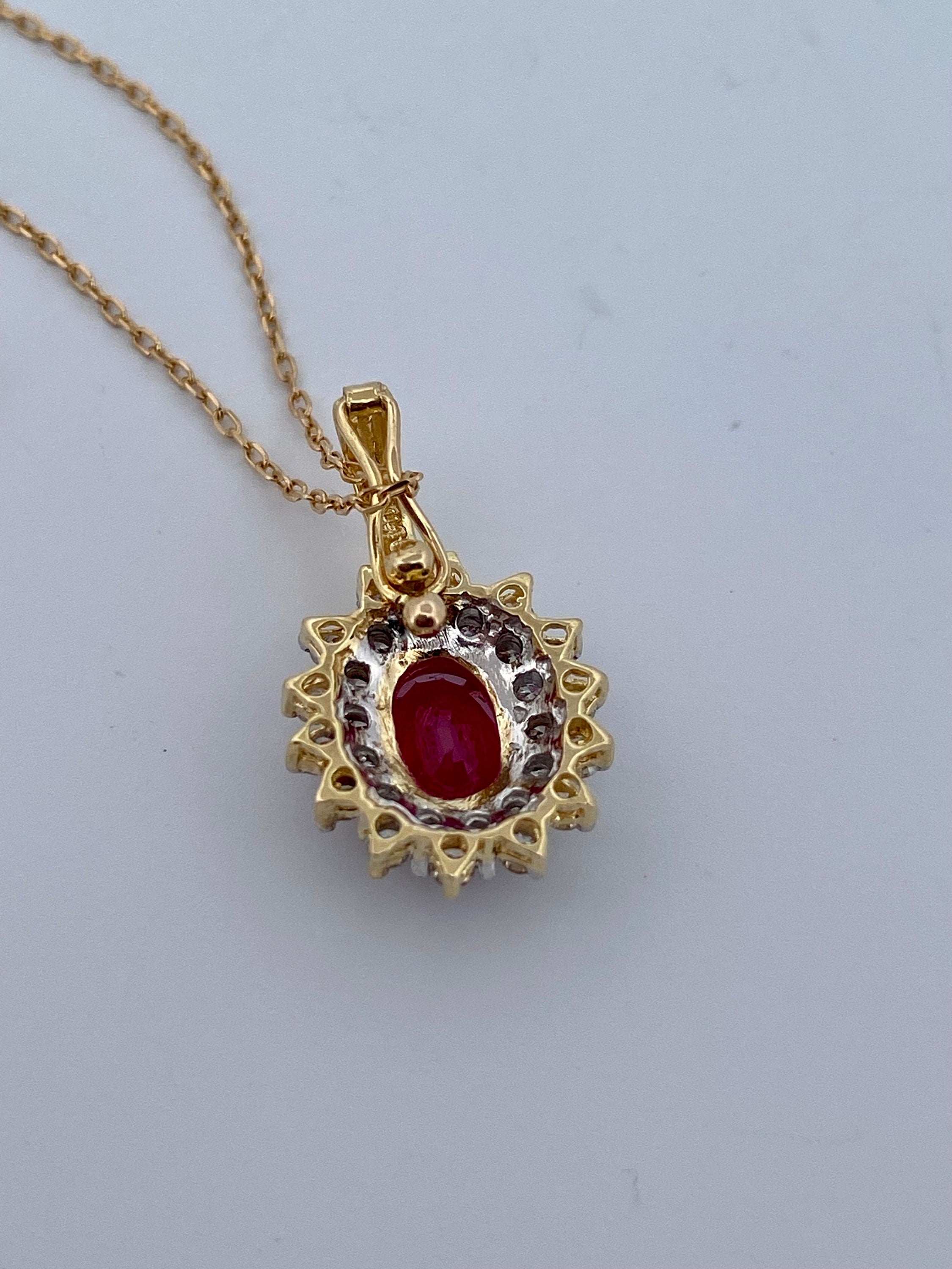 14K Yellow Gold Ruby and Diamond Halo Pendant