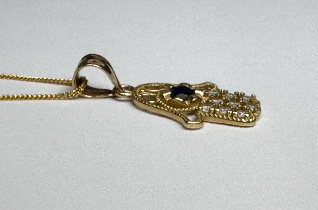 14K Yellow Gold Hamsa Hand Pendant with Blue & White CZ