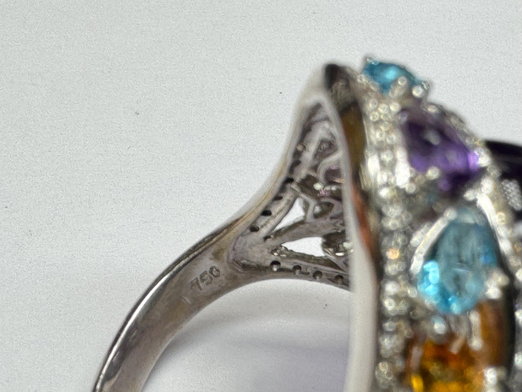 18K White Gold Multi-Gem Amethyst Diamond Cocktail Ring