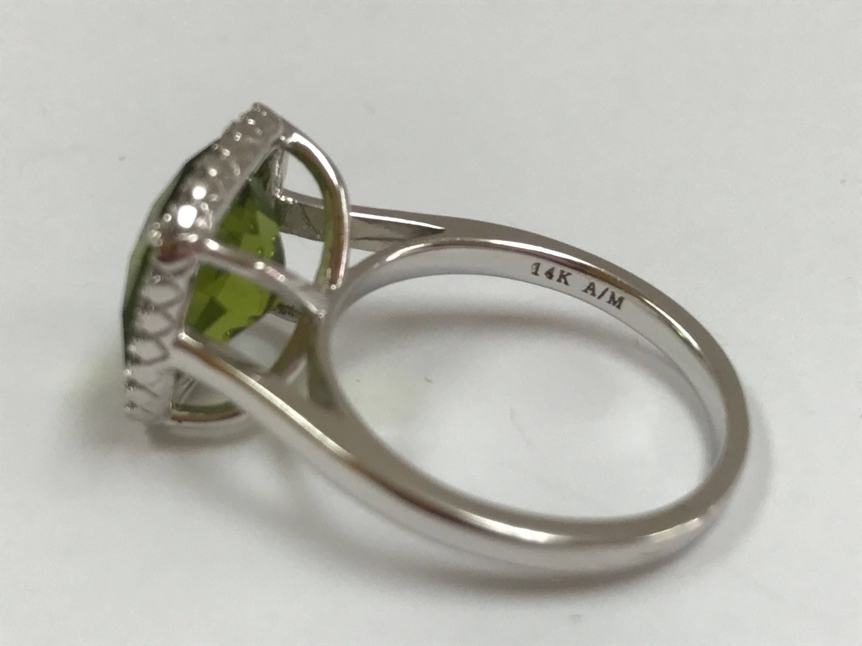 14K White Gold Peridot Ring and Necklace Set: Diamond Accents