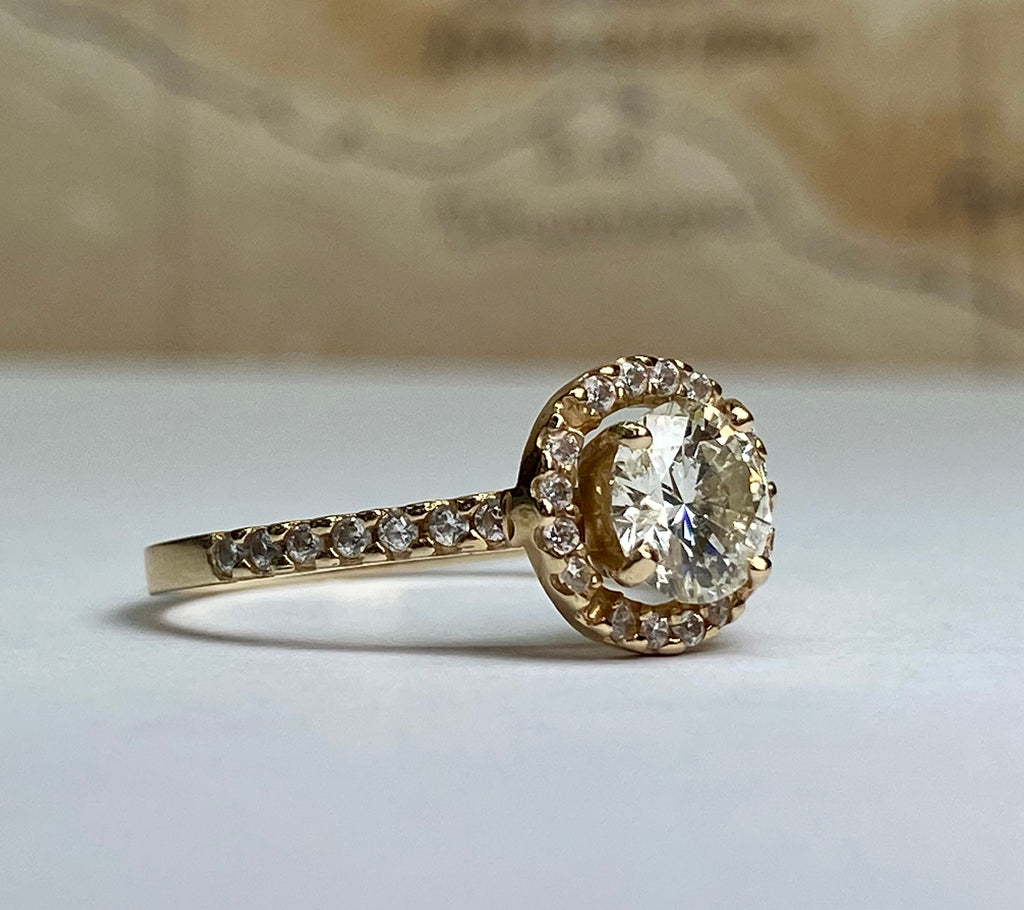 14K Yellow Gold Diamond Halo Engagement Ring - 1 CT, Size 7