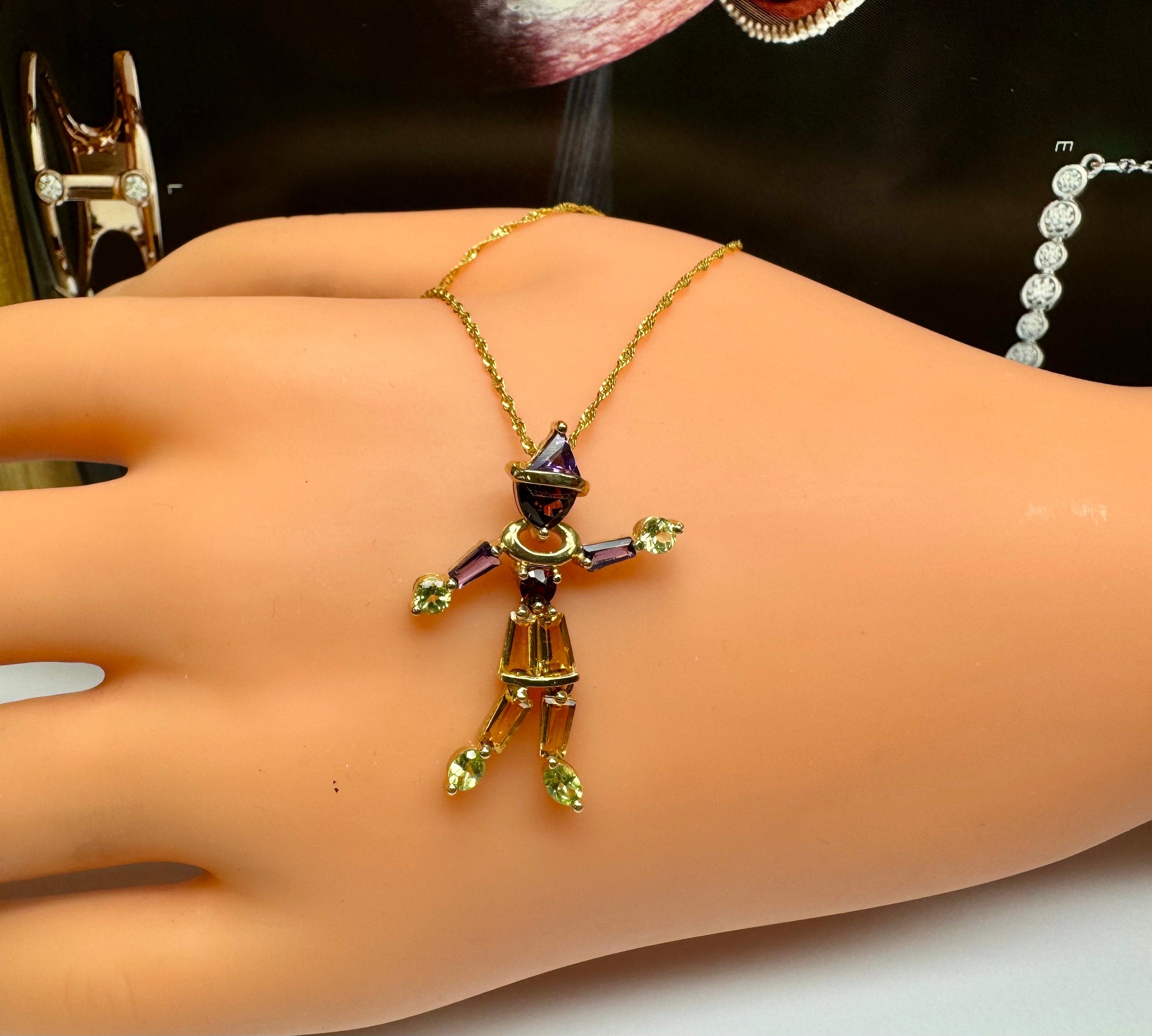 14K Yellow Gold Clown Pendant Necklace: Multi-Color Stone, 18" Italy Chain
