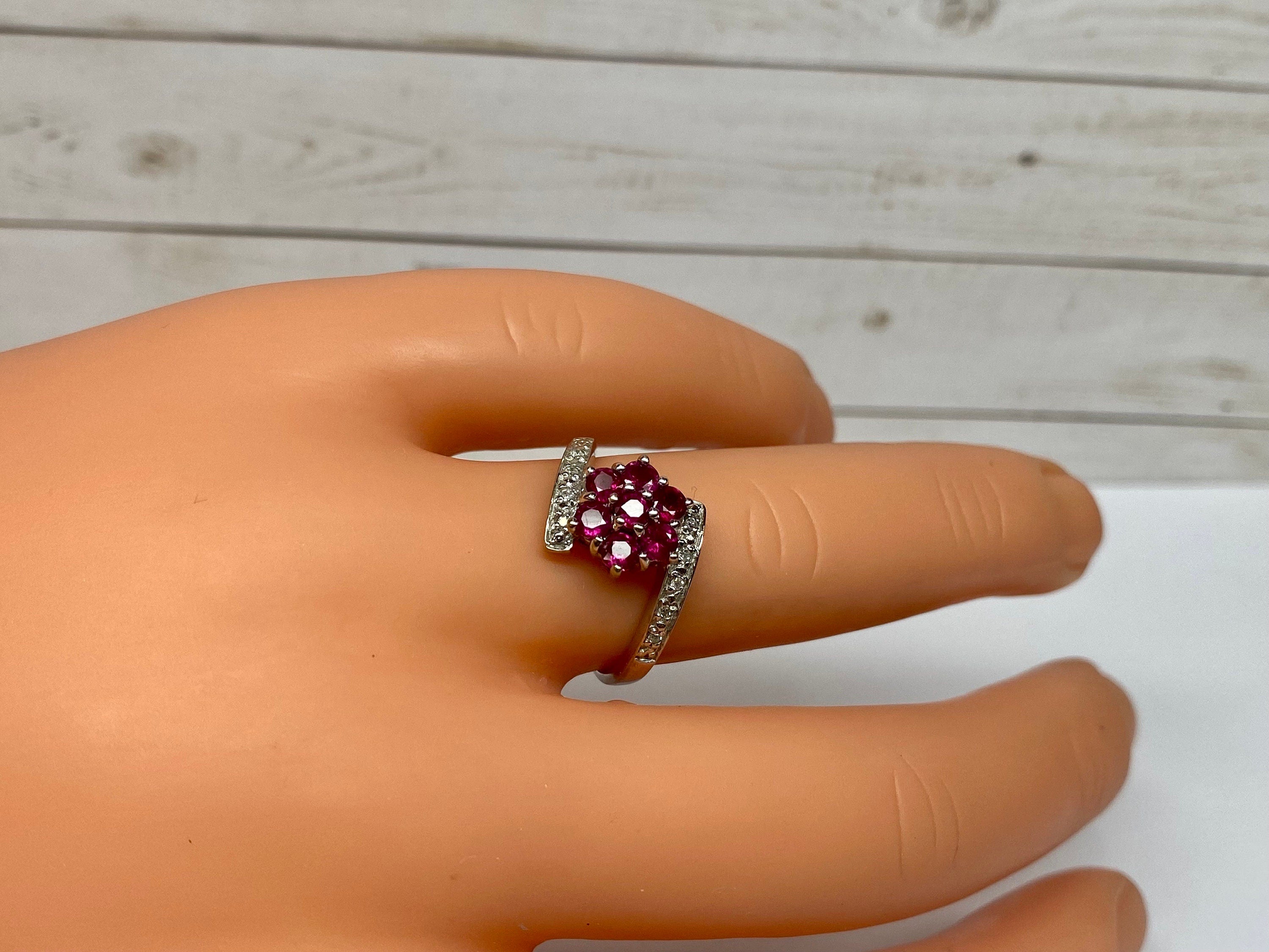 18K White Gold Burmese Ruby Diamond Floral Ring - Size 6 3/4